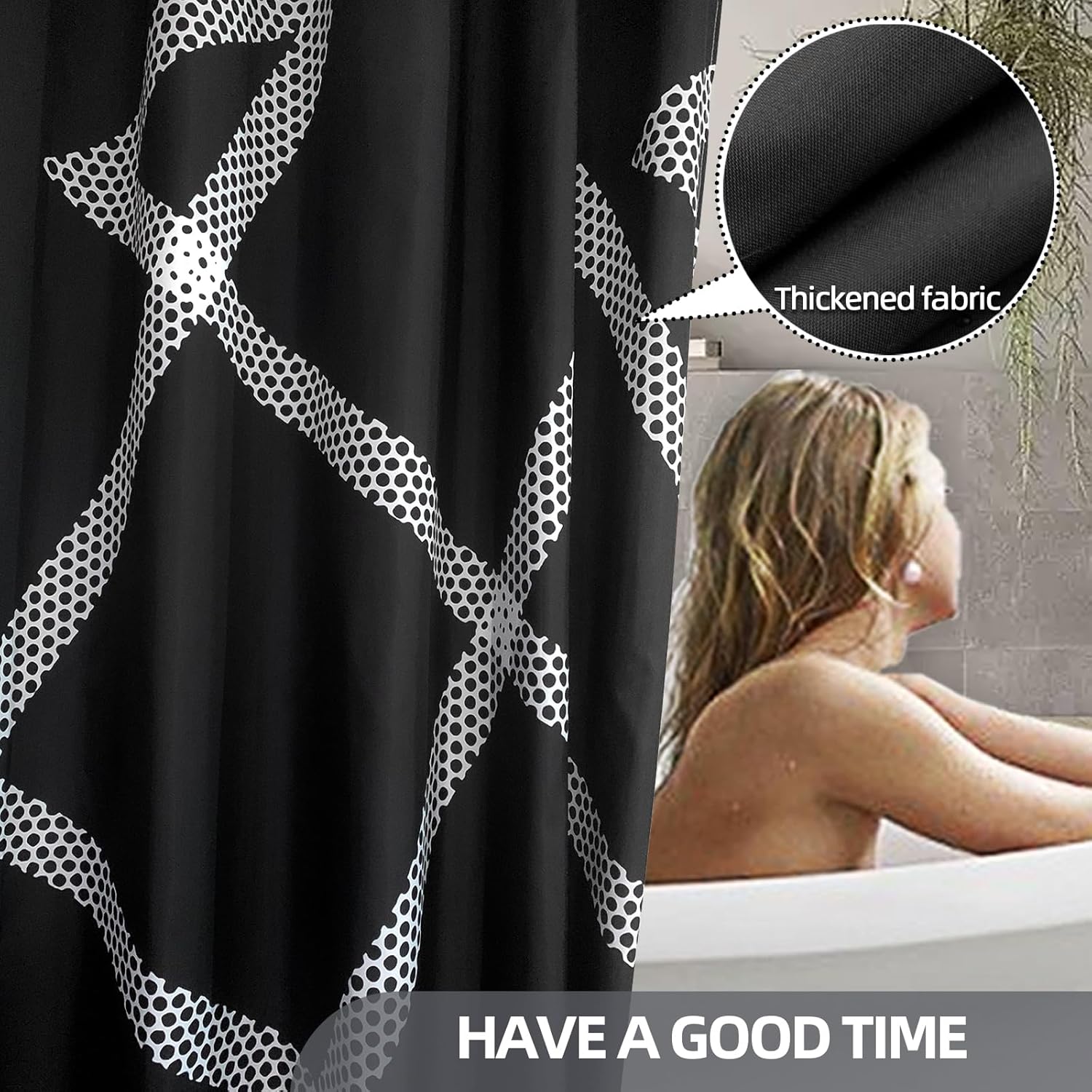 Tomoasfu Cortina de ducha para baño, tela impermeable, cortina de baño con dobladillo pesado y 12 ganchos de metal inoxidables líneas punteadas