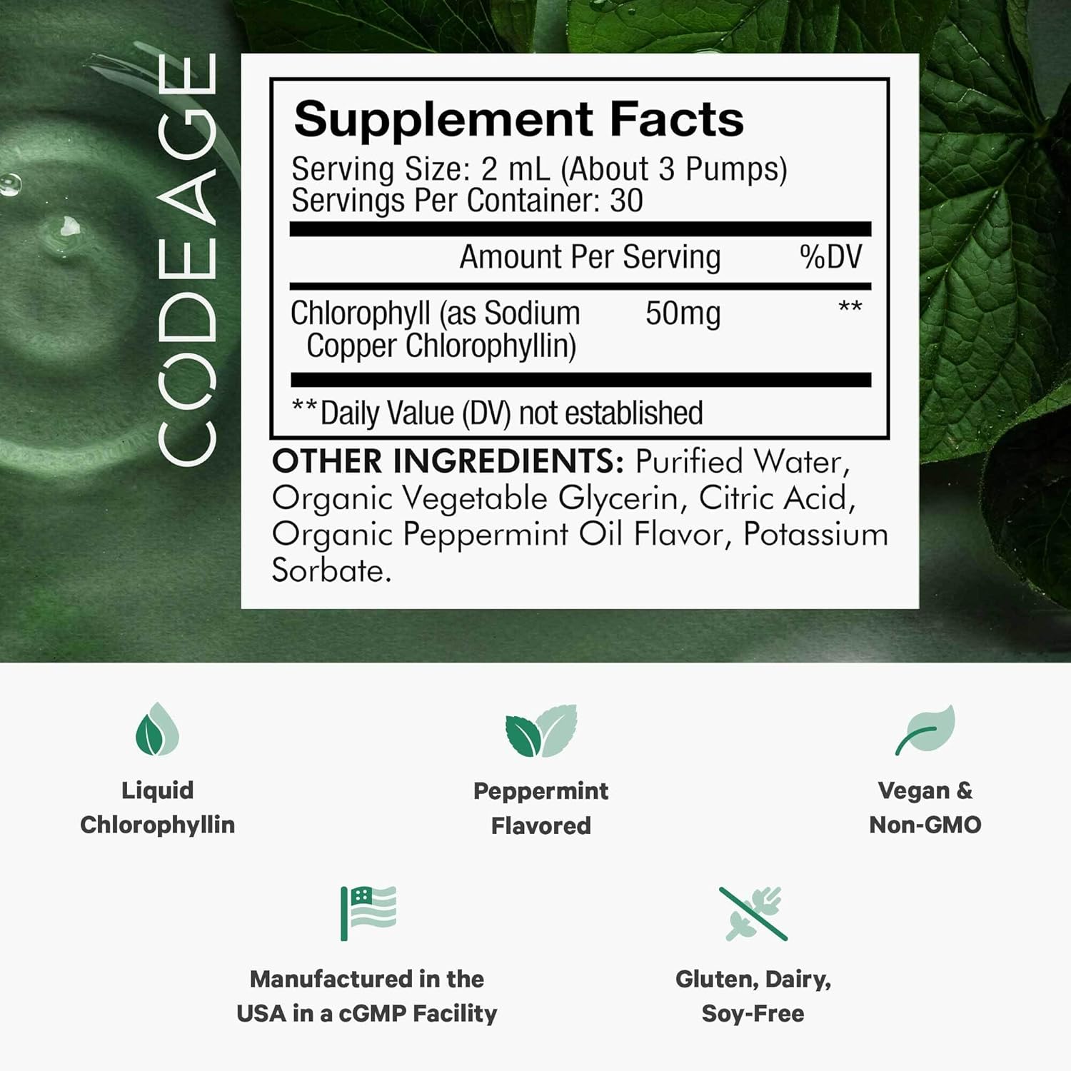 Codeage Suplemento líquido de clorofila, apoyo inmunológico, cuidado de la piel, agua de glicerina vegetal orgánica certificada, clorofila líquida,