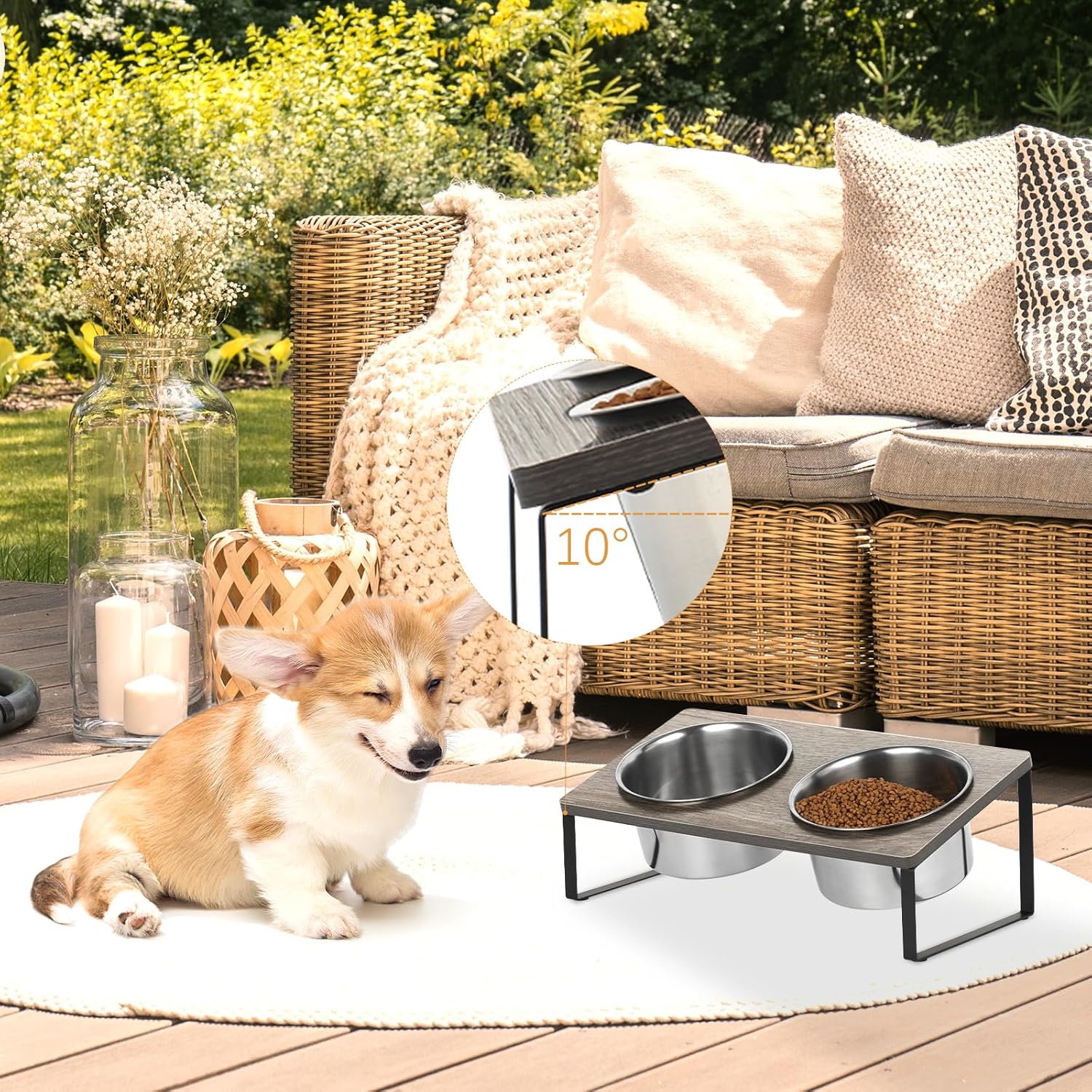 Cuencos elevados para perros, comedero elevado para mascotas para perros pequeños, cuenco elevado para gatos con 2 platos de acero inoxidable,