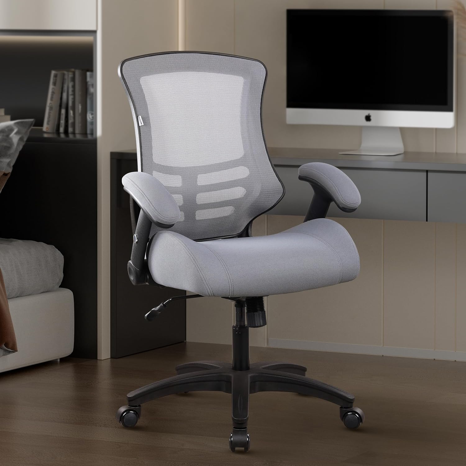 BOLISS Silla de oficina ergonómica de malla para escritorio, silla de computadora, altura ajustable y brazos abatidos, color negro (LB-2815, gris)