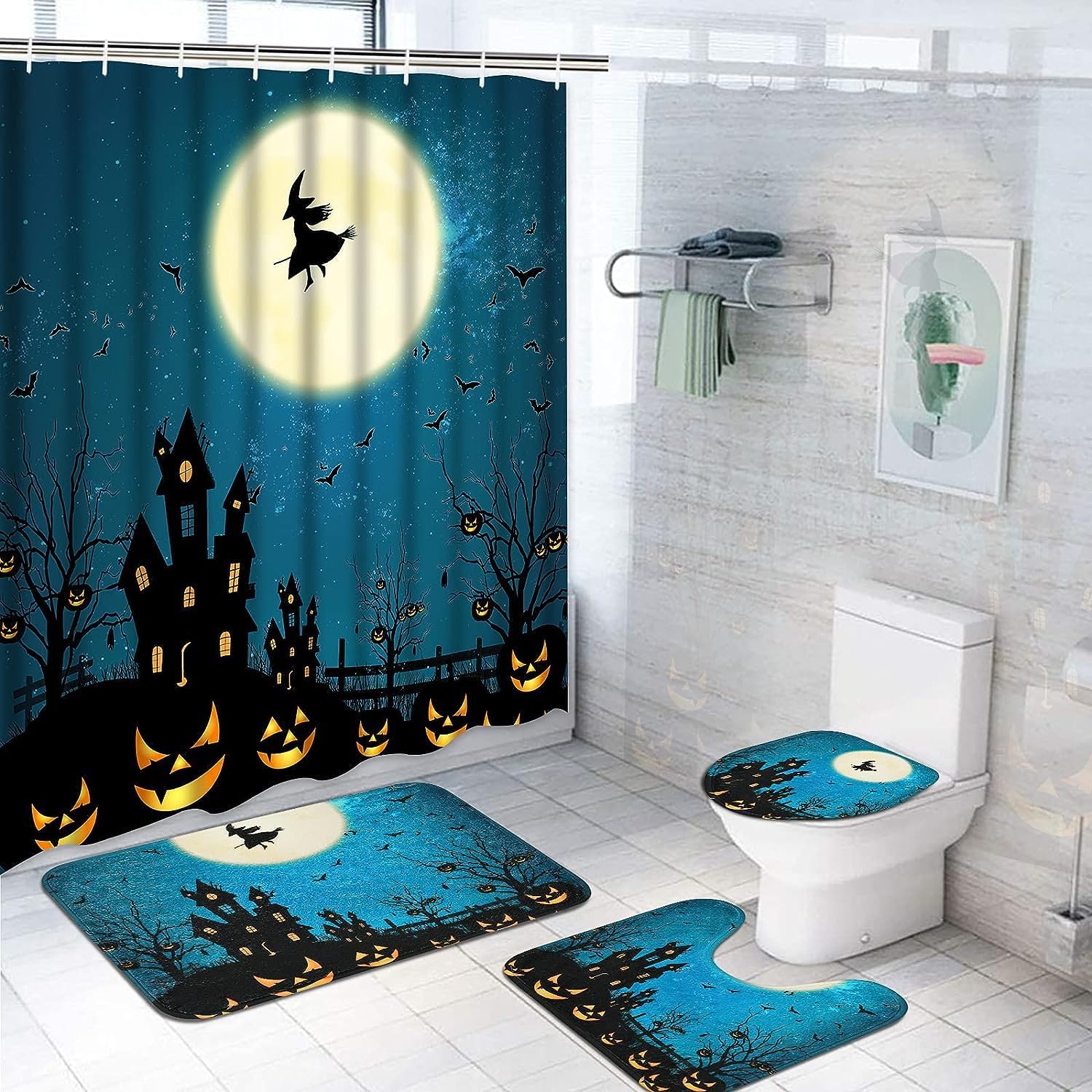 Ikfashoni Juego de 4 cortinas de ducha de Halloween con alfombras antideslizantes, cubierta para tapa de inodoro y tapete de baño, cortina de ducha