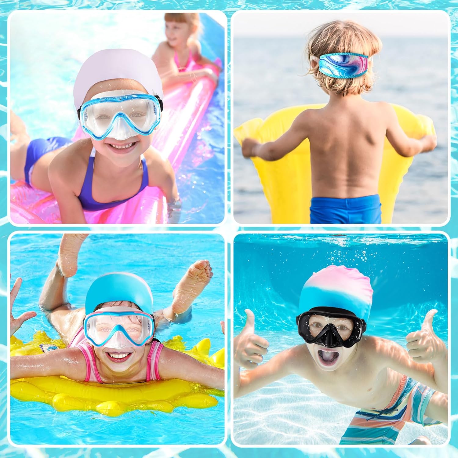 Fabbay 4 pares de gafas de esnórquel para niños, máscara de esnórquel con cubierta para la nariz, 4 piezas de neopreno para correa de neopreno, 4
