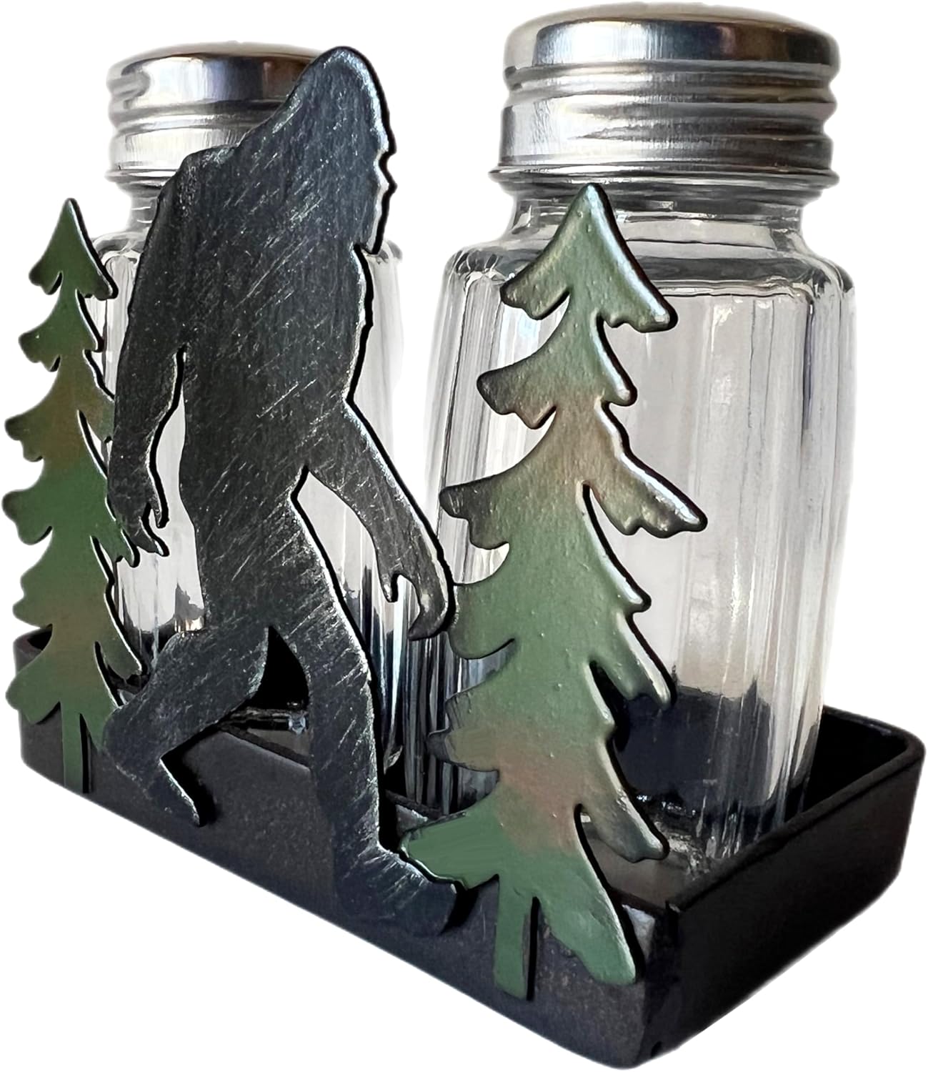 Bigfoot Sasquatch Yeti – Juego de salero y pimentero, silueta de metal, escena silvestre con cocteleras de vidrio, decoración artística de montaña