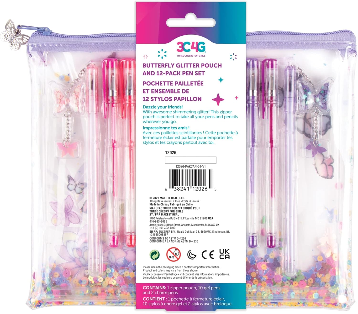 3C4G Three Cheers for Girls – Juego de 10 bolígrafos de gel de colores para niños, 2 bolígrafos de escritura de mariposa para niños y estuche de