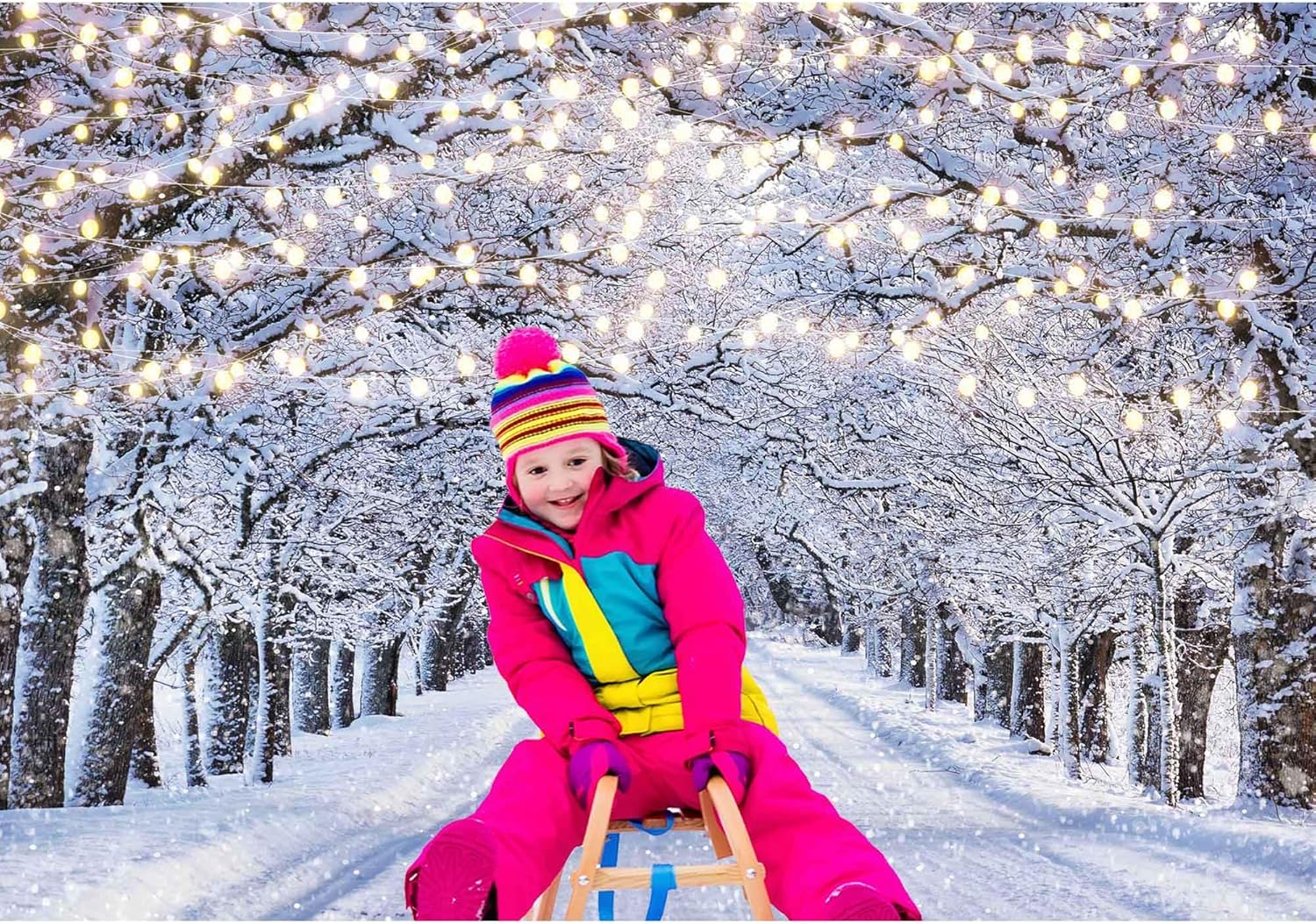 Telón de fondo fotográfico de escena de invierno de 7 x 5 pies, diseño de copo de nieve con purpurina, nieve, paisaje, decoración de árbol de