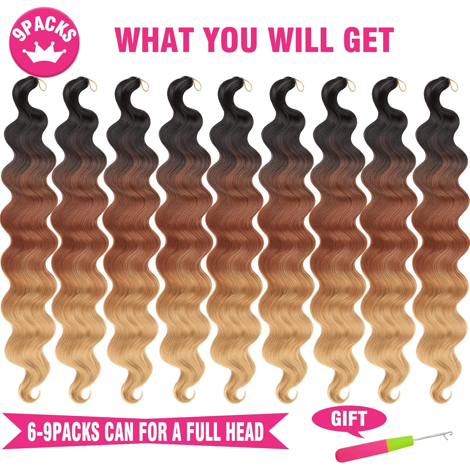 Unionbeauty – Paquete de 9 paquetes de cabello ondulado ondulado preemplumado para trenzas de caja bohemia, trenzas de ganchillo sintéticas,