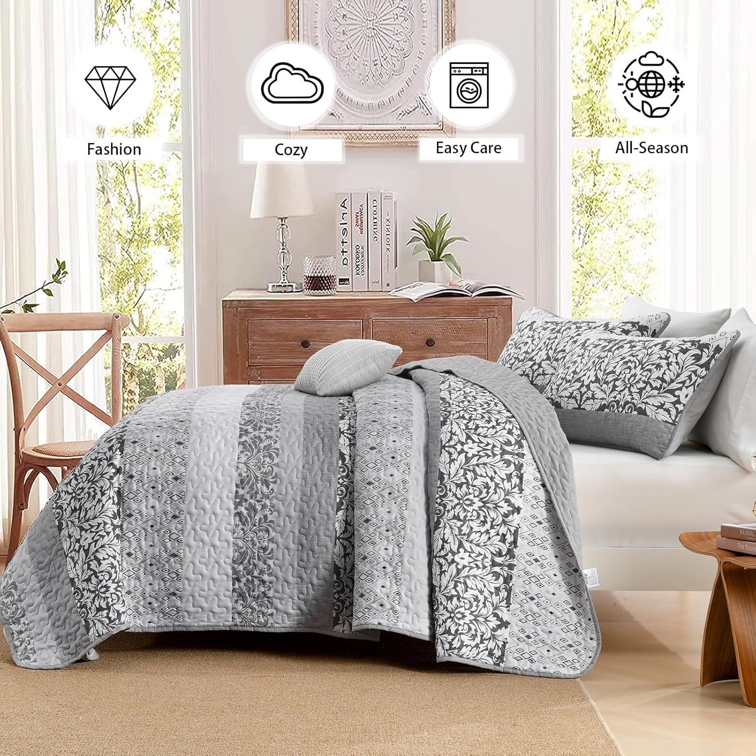 Juego de edredón bohemio gris tamaño Queen, juego de colcha de retazos a rayas gris oscuro de 3 piezas, juego de ropa de cama de microfibra suave