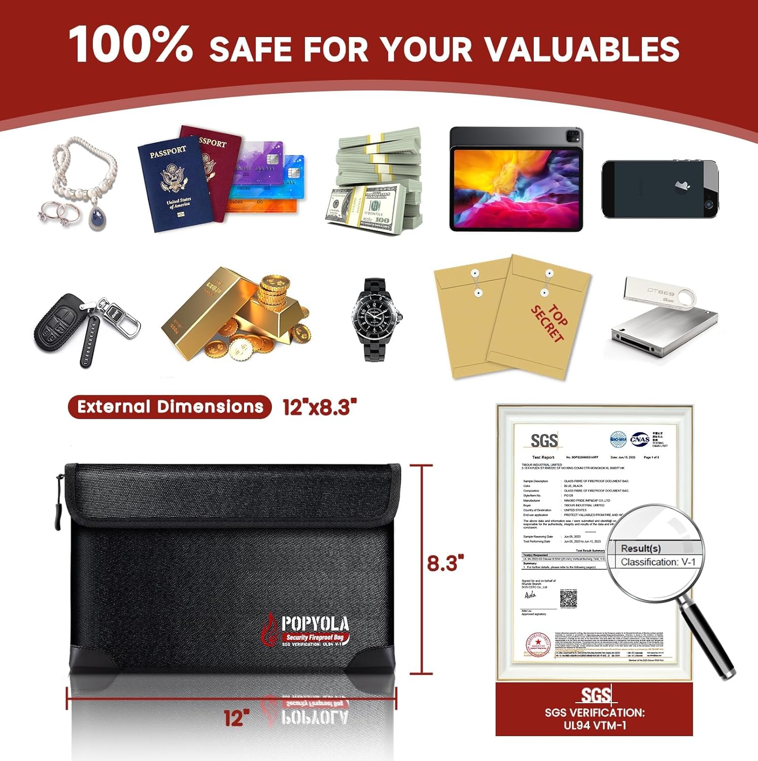 POPYOLA Bolsa de documentos ignífuga, mejorada 5200F bolsa ignífuga con aislamiento térmico, 12 x 8.3 pulgadas, bolsa impermeable ignífuga para