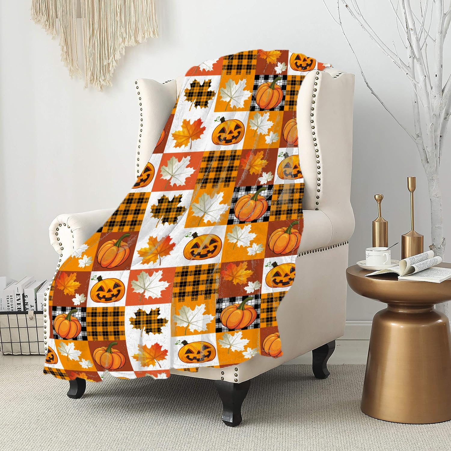 Manta de calabaza de Halloween con hojas de arce para sofá de 50 x 40 pulgadas, manta de picnic de viaje tamaño Queen, manta acogedora suave y