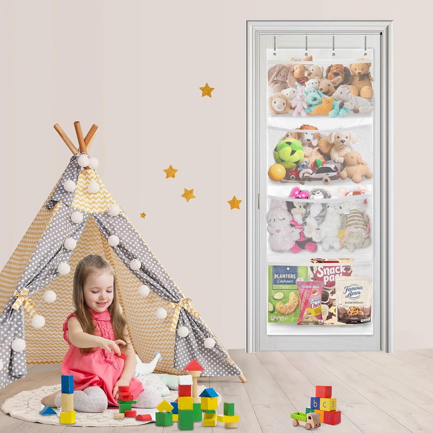 Almacenamiento de animales de peluche, organizador sobre la puerta para almacenamiento de juguetes de peluche, suministros para bebés y otros