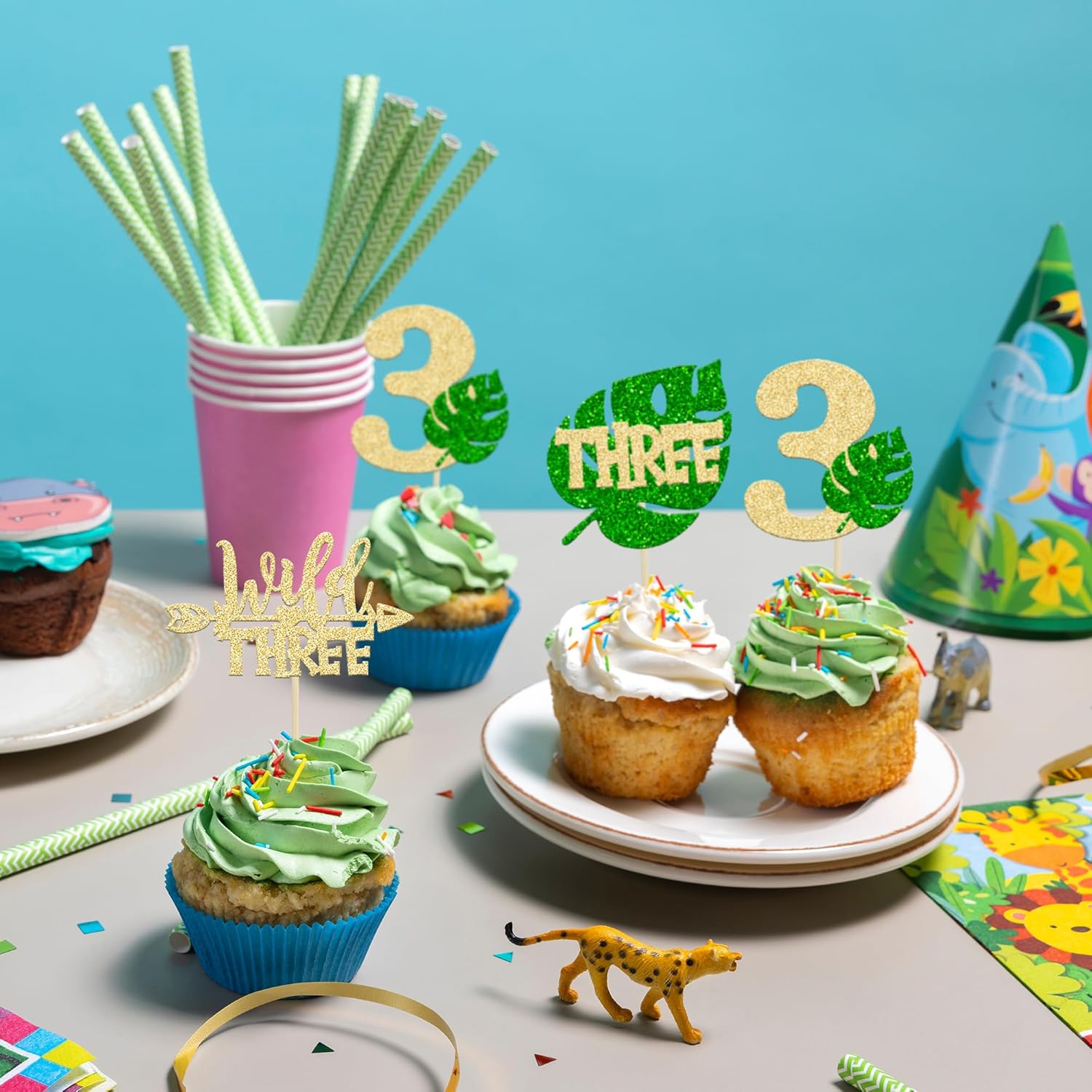 Paquete de 24 adornos para cupcakes de hojas de Monstera con purpurina de safari en la selva, tres púas para cupcakes número 3, decoración de