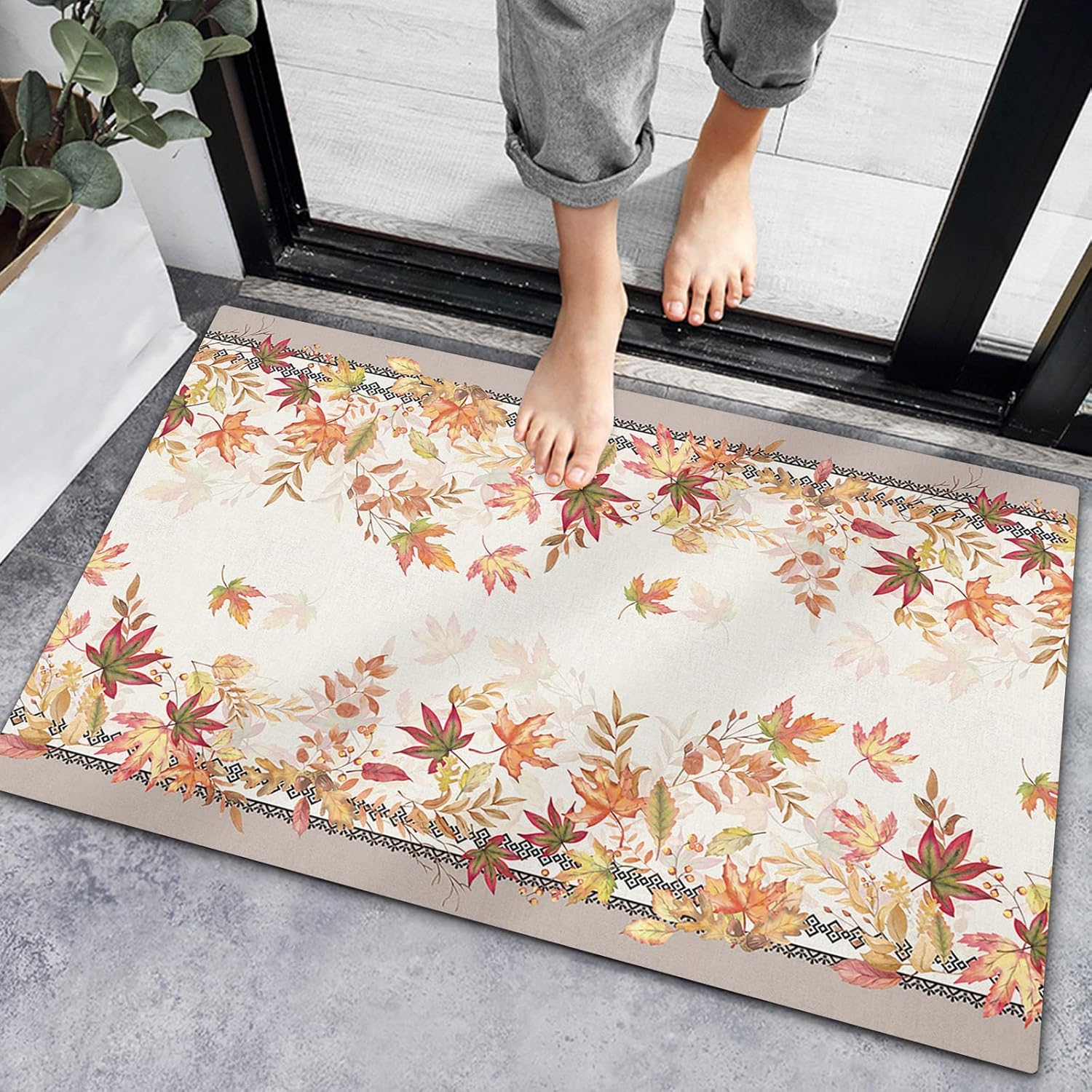 Bath Mat Non-Slip Indoor Doormats, Bath Rugs Autumn Maple Leaves,Low-Profile Mats Kitchen Carpets for Home Bedroom Entrance Decor Geometric Retro