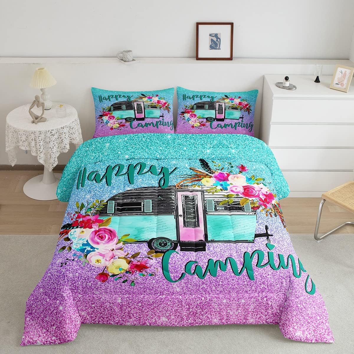Edredón de cama para niños y niñas, juego de edredón de caricaturas para caravana, diseño de caricaturas, flores y lentejuelas en acuarela para