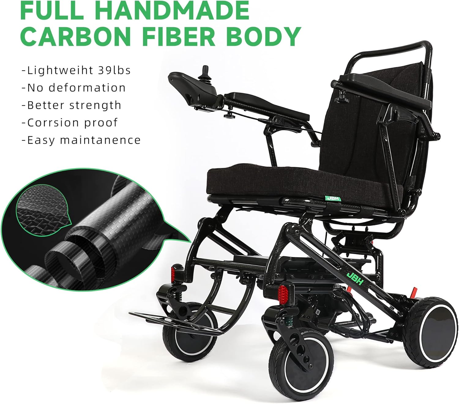 JBH Sillas de ruedas plegables de fibra de carbono súper ligeras de 39 libras, Silla de ruedas motorizada compacta, Silla de ruedas plegable
