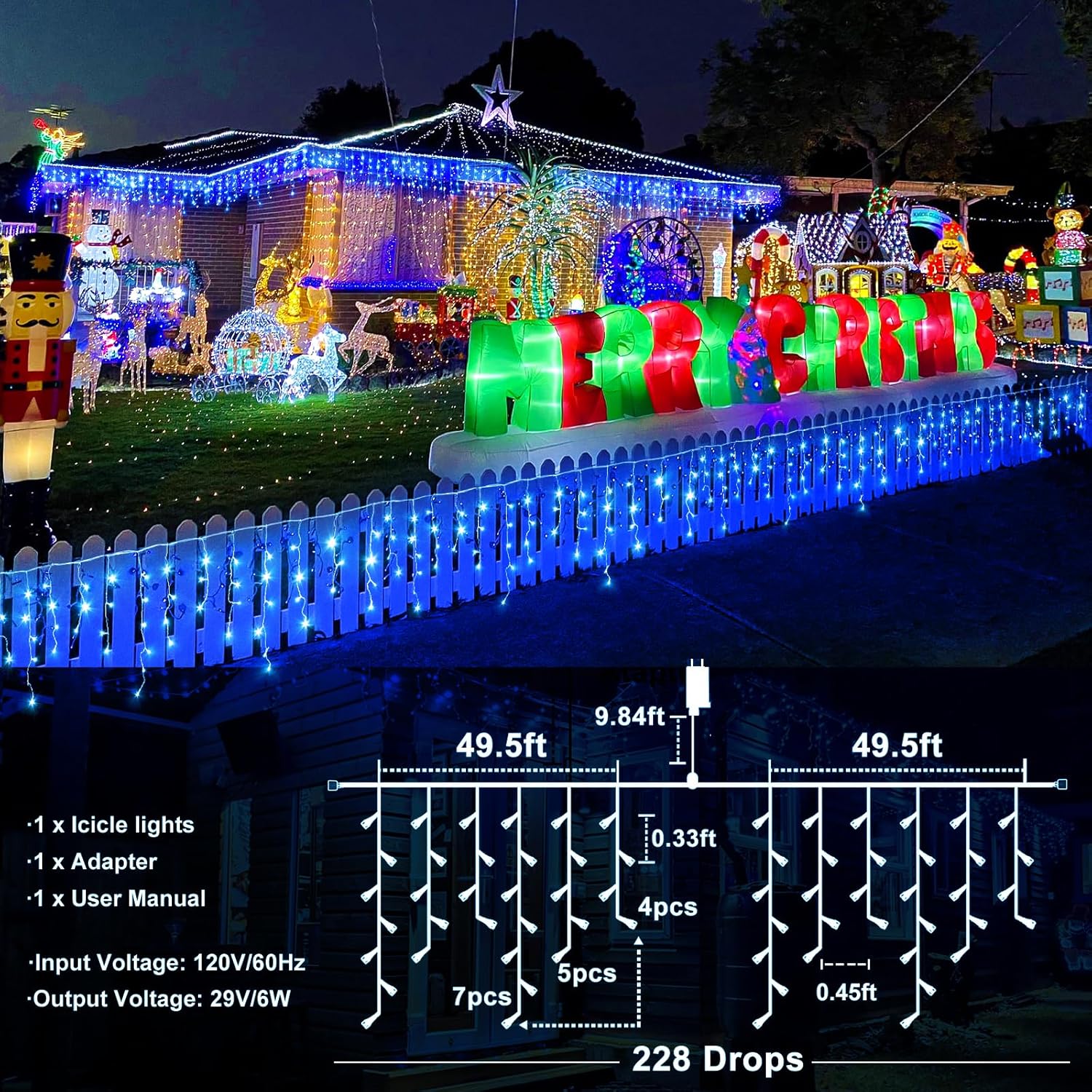 Luces de Navidad para exteriores  99 pies 1216 luces LED de carámbano al aire libre  Enchufe 8 modos de luces parpadeantes para decoraciones de
