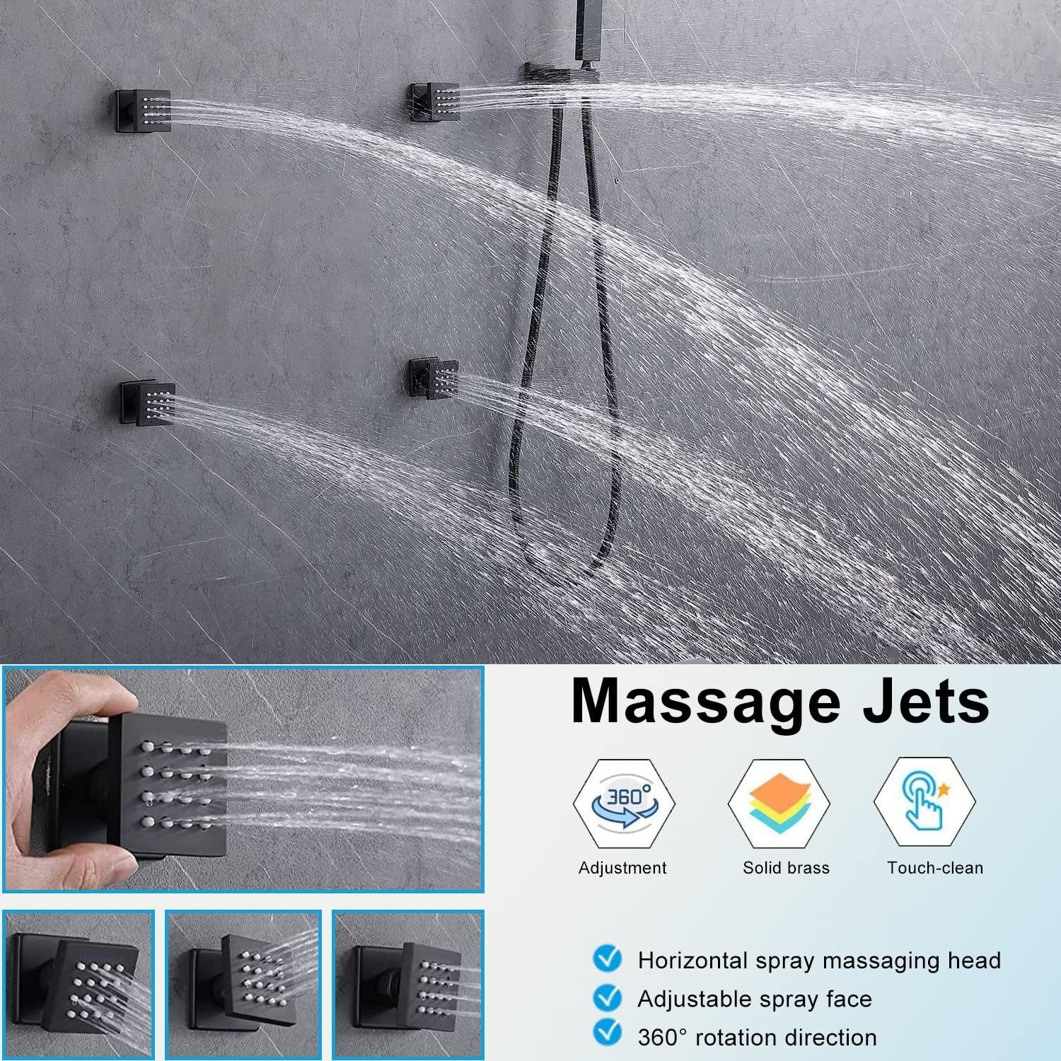 Sistema de ducha negro mate de 12 pulgadas, juego completo de grifo de ducha montado en la pared, sistema de ducha de cuerpo completo con chorros