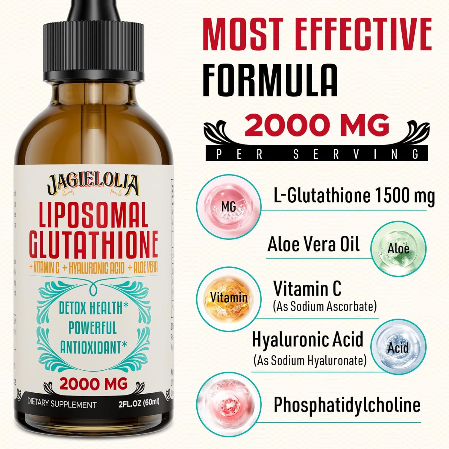 Líquido de glutatión liposomal de 2000 MG, fabricado en los Estados Unidos, suplemento de glutatión reducido, absorción mejorada, sin OMG, potente