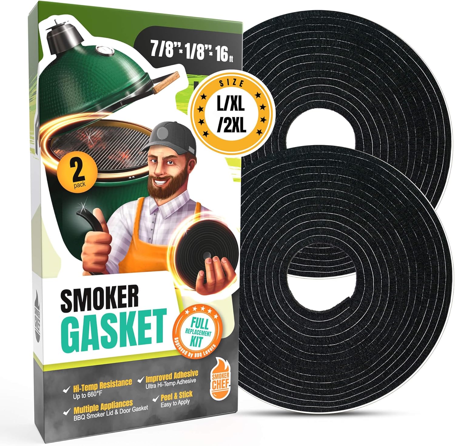 Junta apta para Big Green Egg LXLXXL  Paquete de 2 sellos de repuesto de junta de ahumador de 8 pies  Junta BGE 78″ x 18″ Fieltro – Compatible con