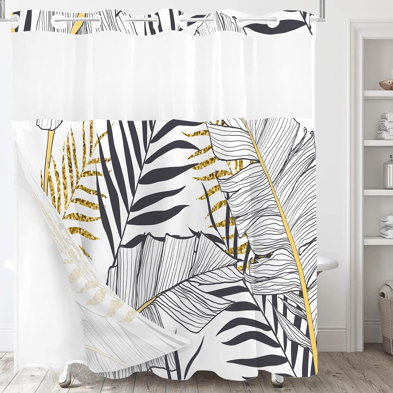 Sanzugh Cortina de ducha con forro a presión, diseño de hojas doradas, sin gancho, juego de cortinas de ducha de tela sin gancho para baño, cortina