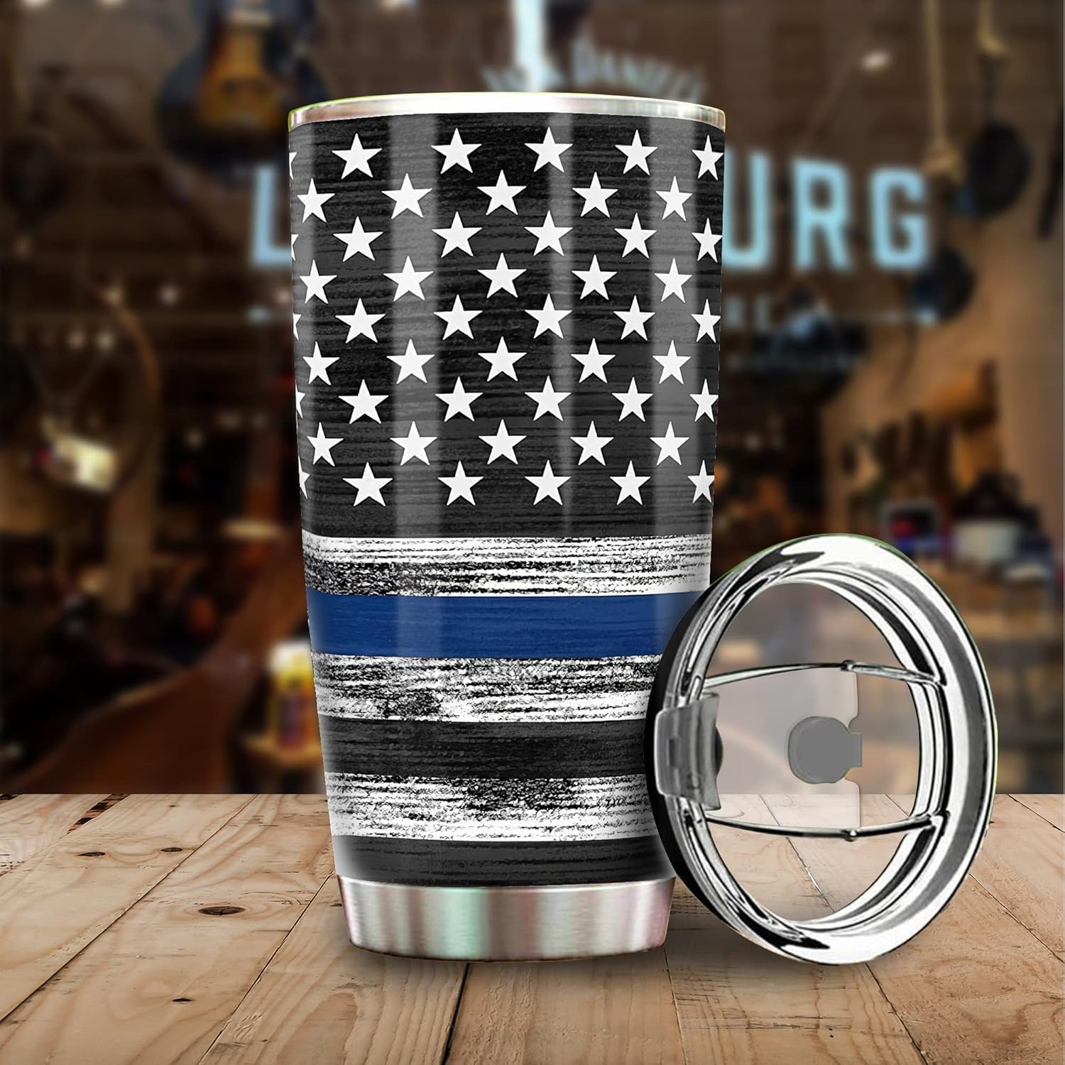 Vaso de policía personalizado con insignia de policía, regalo de oficial de policía, vaso de acero inoxidable de 20 onzas con línea azul fina y
