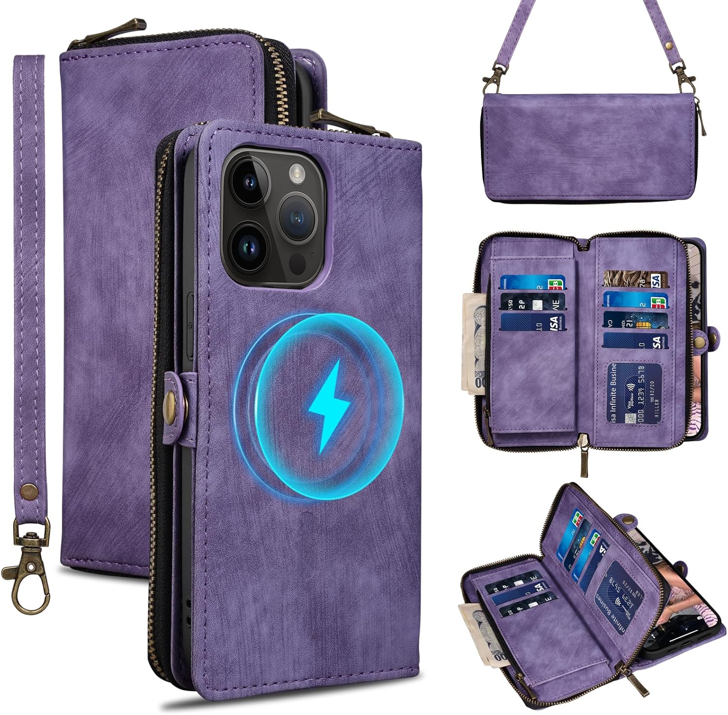 Rssviss Funda tipo cartera para iPhone 15 Pro Max Crossbody con correa para la muñeca, funda con cremallera abatible compatible con Magsafe, funda