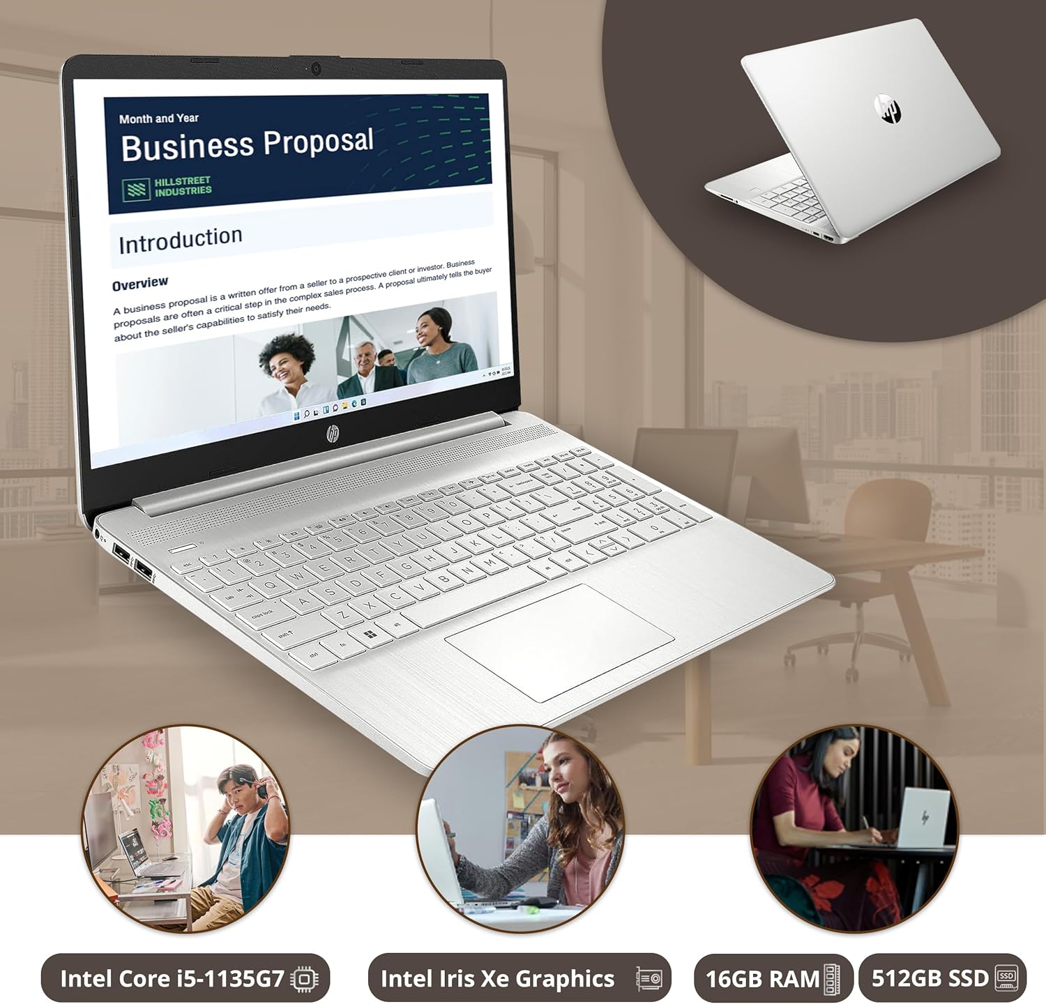 HP Portátil FHD de 15.6 pulgadas, Intel Core i5-1135G7, 16 GB de RAM, SSD PCIe de 512 GB, gráficos Intel Iris Xe, Wi-Fi 5, cámara HD Ture Vision,