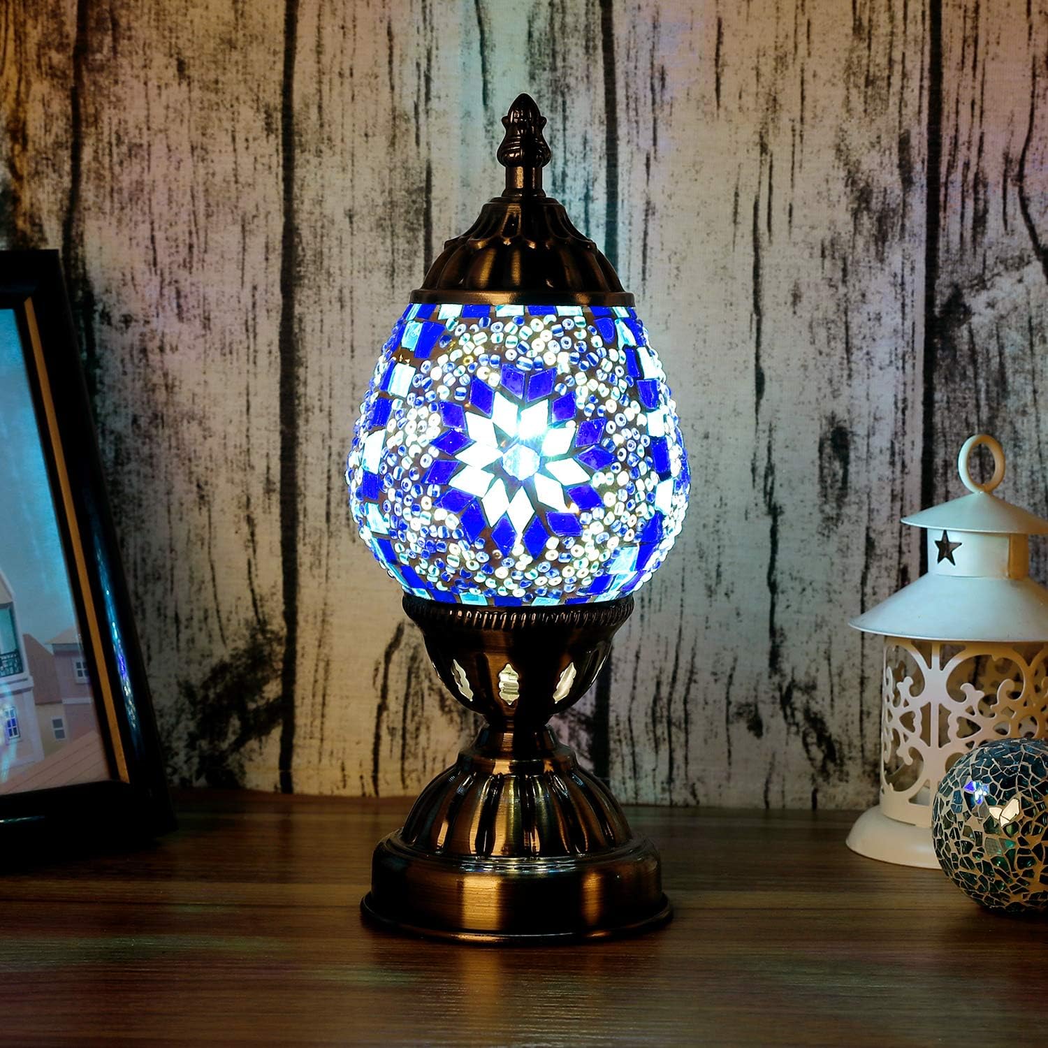 Anton Lámpara de mesa turca hecha a mano con mosaico de vidrio en forma de huevo, farol marroquí decorativo para escritorio, luz nocturna para