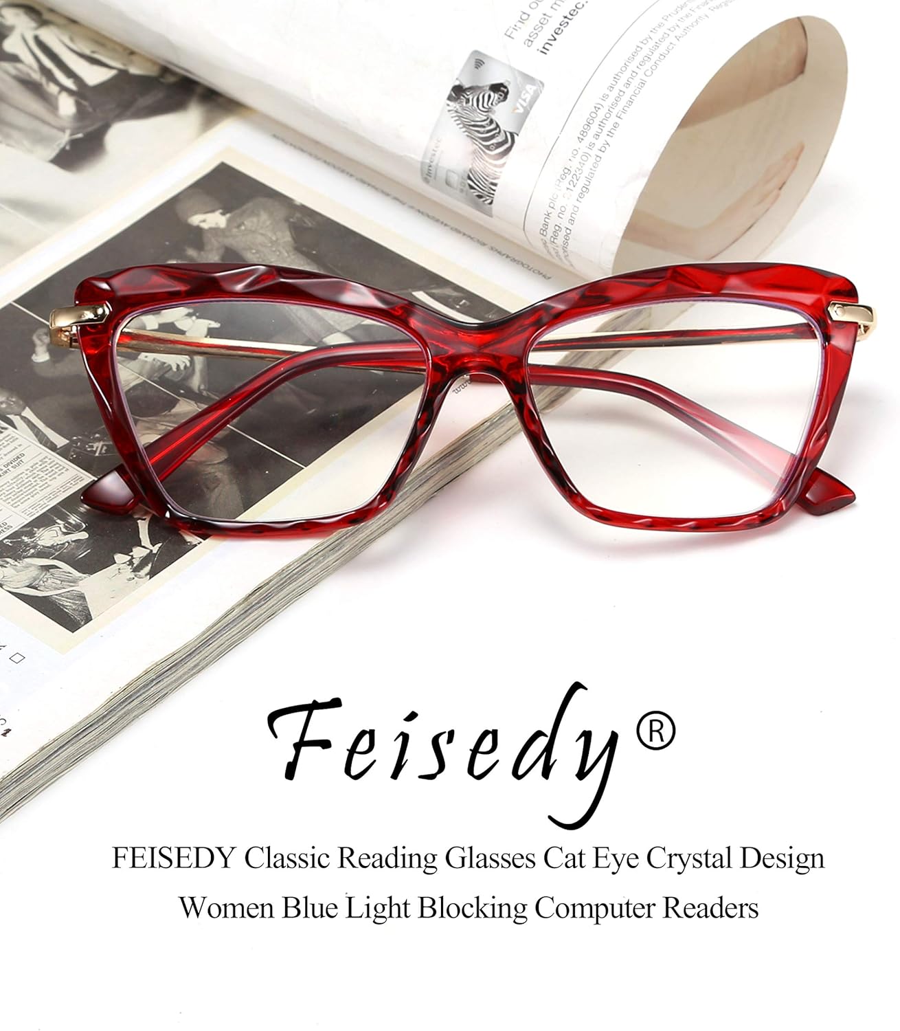 FEISEDY Gafas de lectura de ojo de gato de cristal, con bloqueo de luz azul, antifatiga ocular, B2596, vino, 2.5x