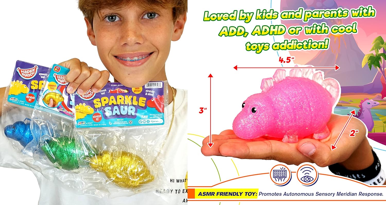Bola para ansiedad brillante de dinosaurio llena de purpurina (4 dinosaurios), bola de dinosaurio elástica para aliviar el estrés, juguete para