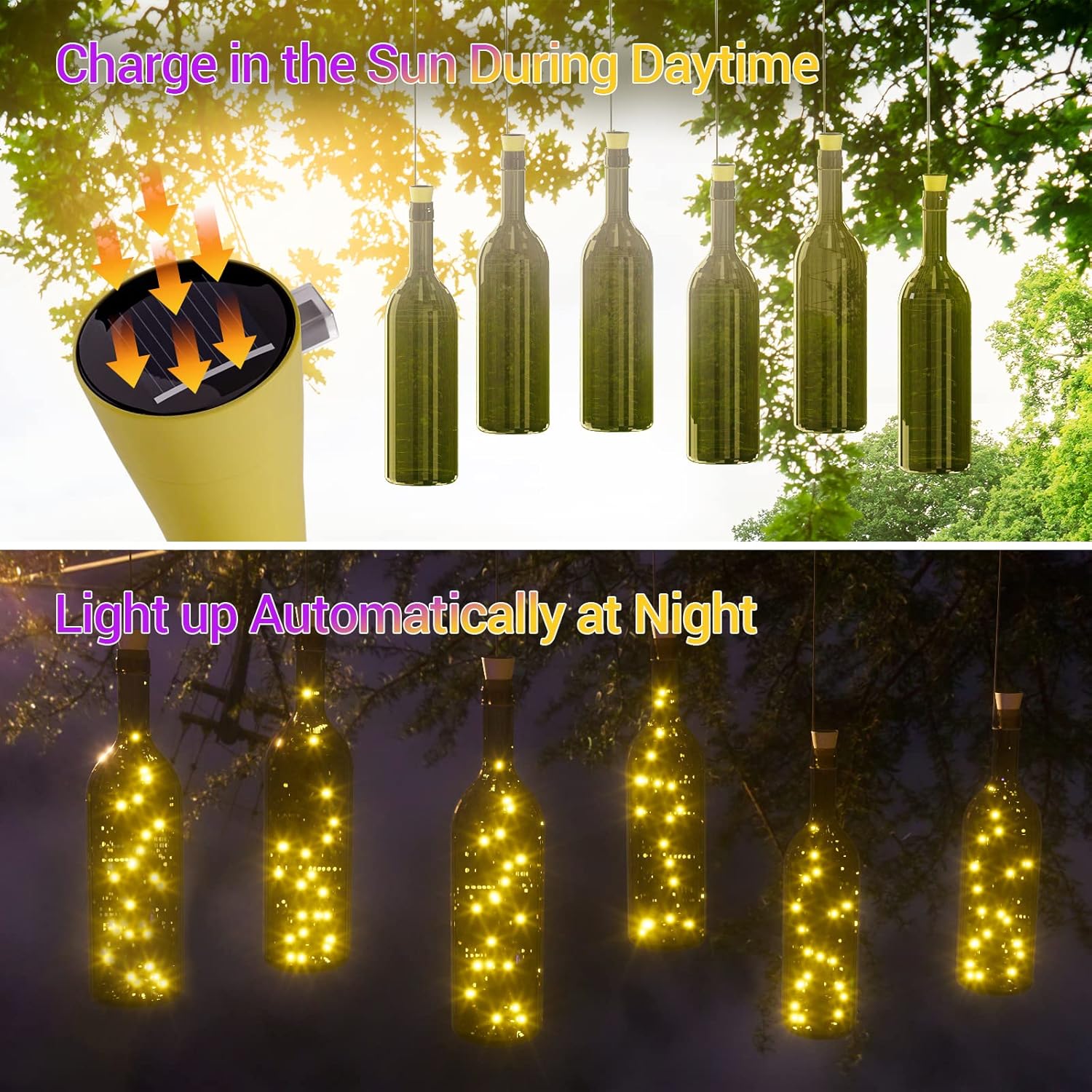 PChero Luces solares para botellas de vino, paquete de 6 unidades, 20 luces LED impermeables, mini alambre de cobre, luces de corcho para botellas