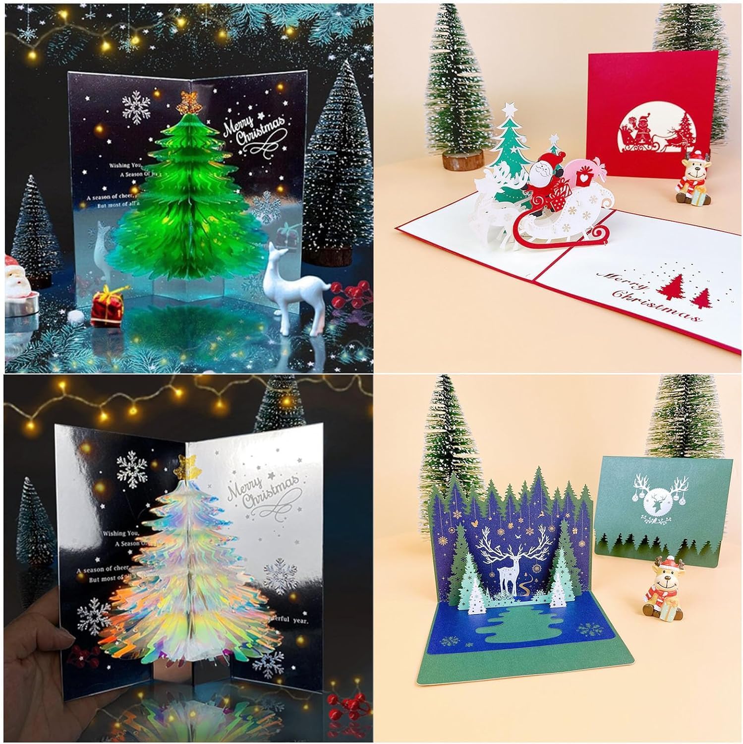 Tarjeta desplegable 3D única de árbol de Navidad  Sobre creativo de Navidad con purpurina 2024, tarjeta tridimensional, tarjeta de felicitación de