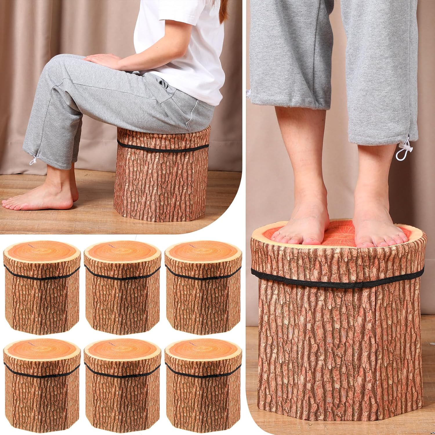 Amylove Paquete de 6 taburetes de almacenamiento de tocones de árbol, otomana de almacenamiento de 12 x 12 pulgadas, bonita caja de juguetes