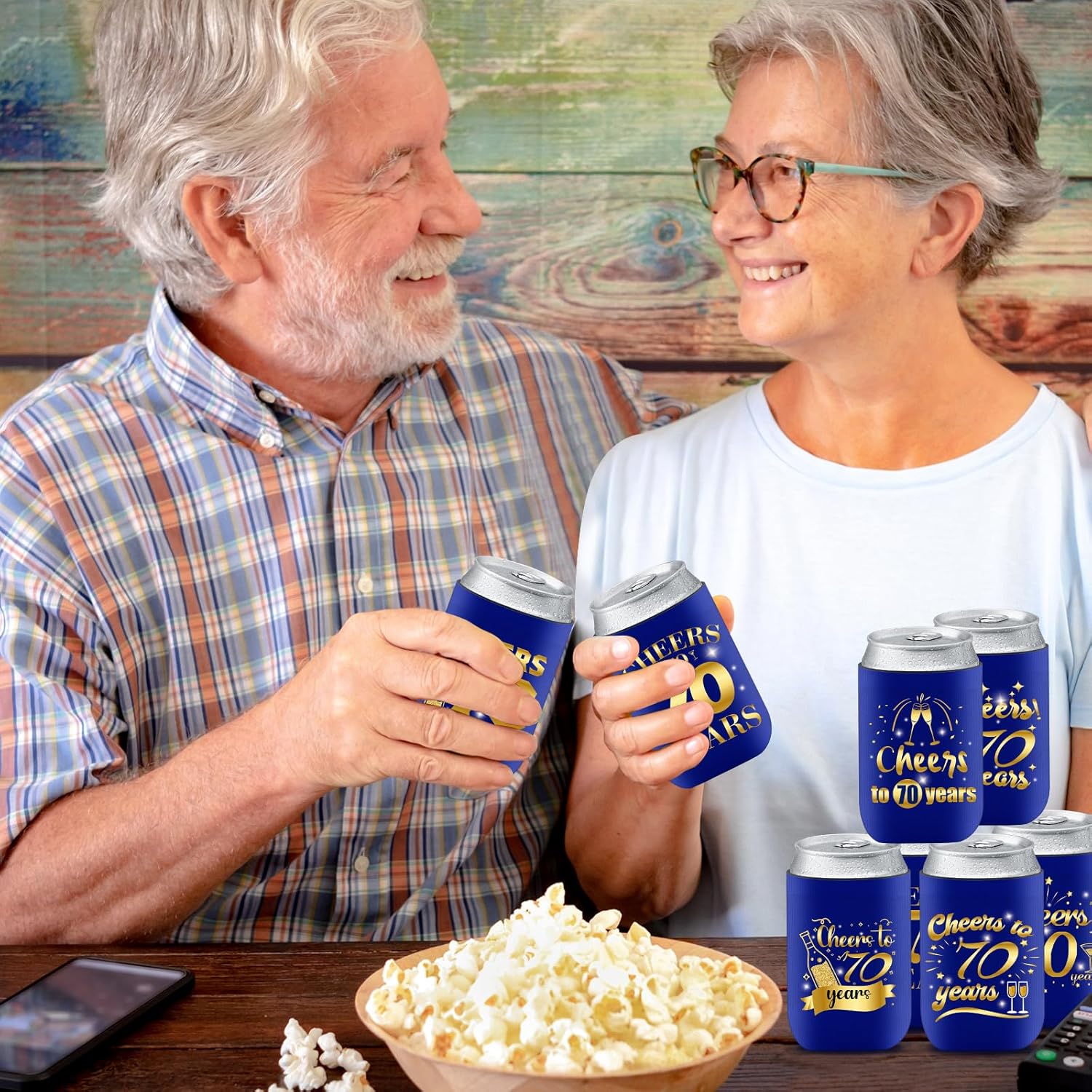 24 fundas enfriadoras para latas de cumpleaños 70, decoración de cumpleaños de 70 años azul y dorado para hombres y mujeres, para fiestas de