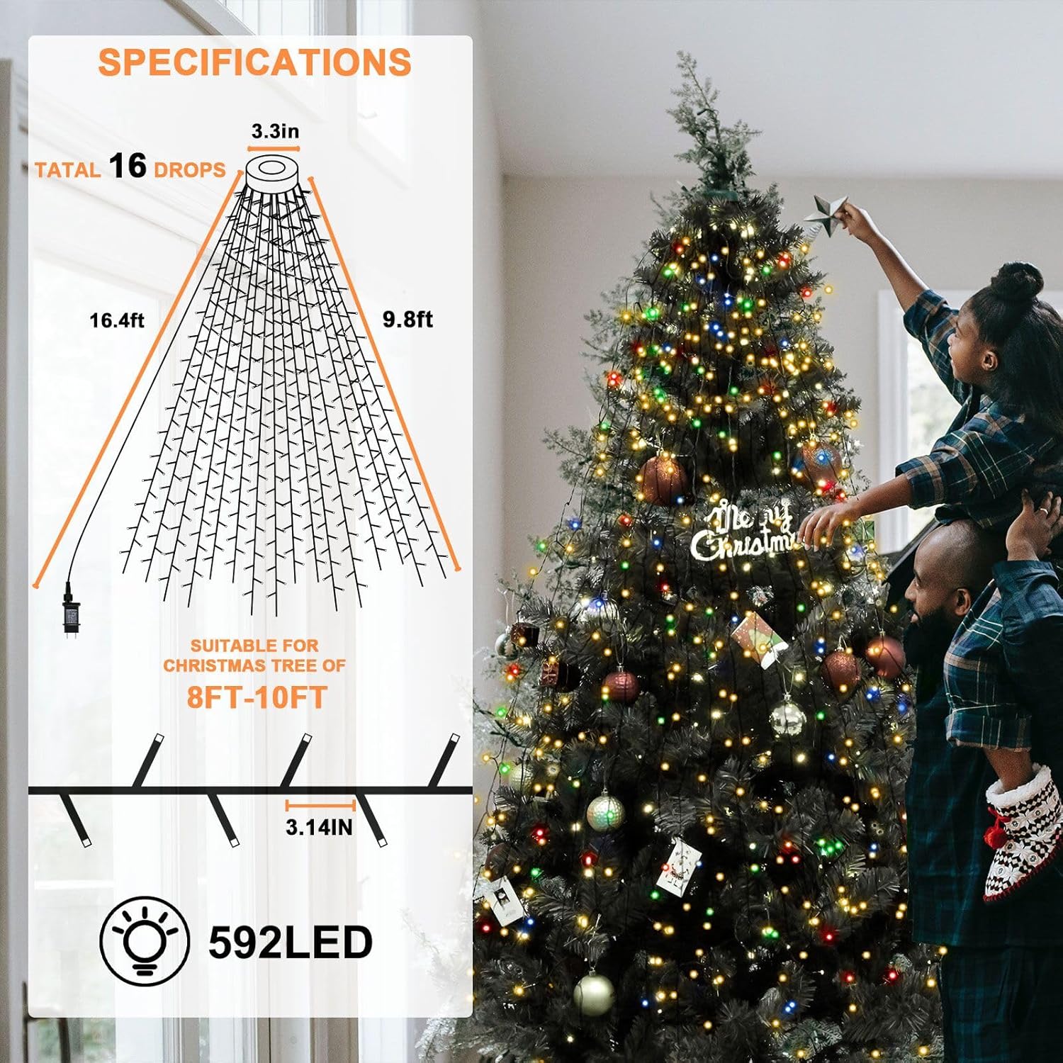 BOLWEO Luces de árbol de Navidad, 592 luces LED de 16 líneas de luces de Navidad para árbol, 8 modos para árbol de Navidad de 8 a 10 pies,