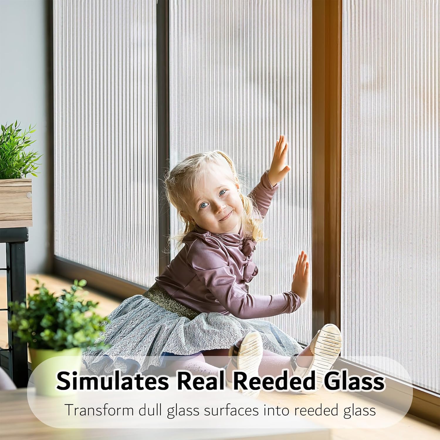 VELIMAX Película de ventana de vidrio con junco de 12 pulgada, película de privacidad para ventana, calcomanías 3D no adhesivas para baño, sala de