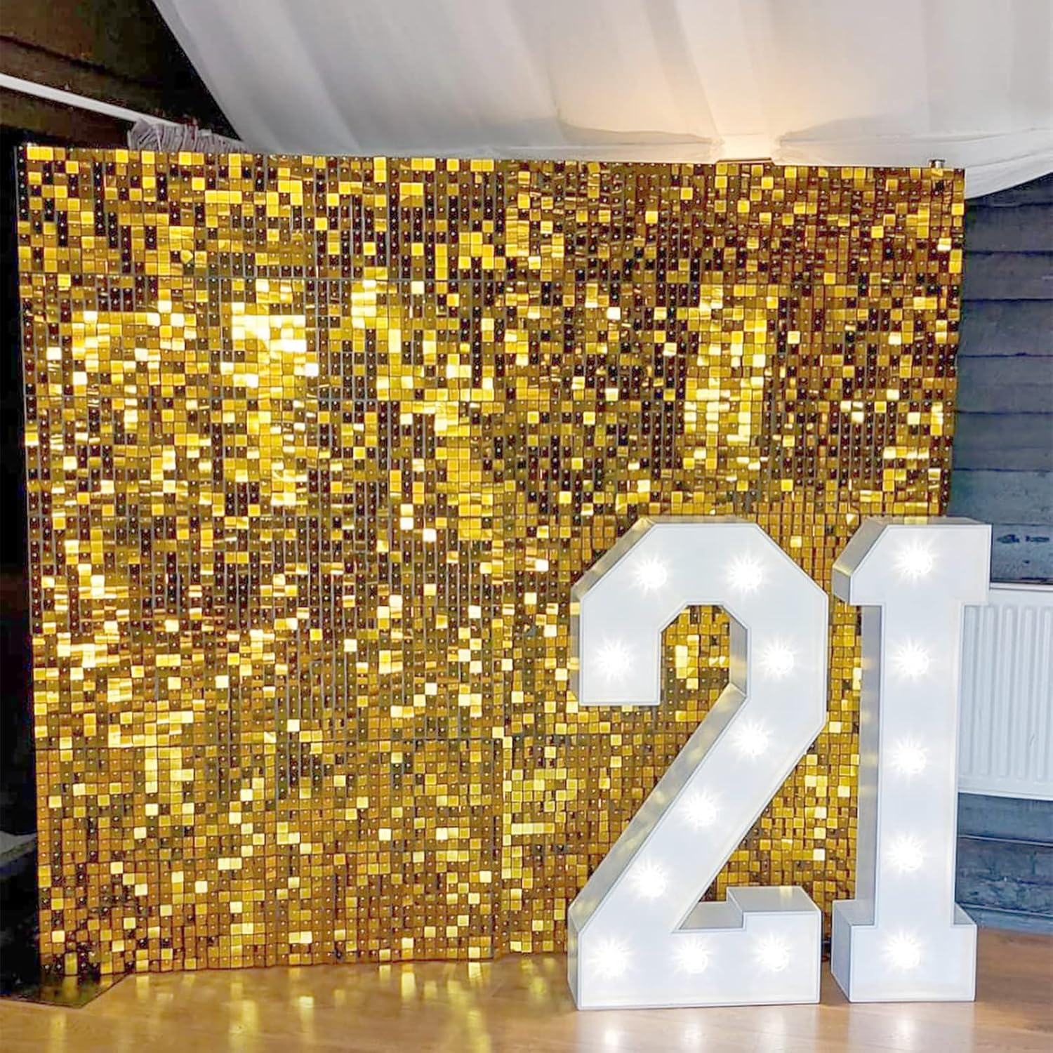 Telón de fondo de pared brillante, 24 unidades, paneles de lentejuelas doradas, cuadrados brillantes, decoración de fondo de fotos para cumpleaños,