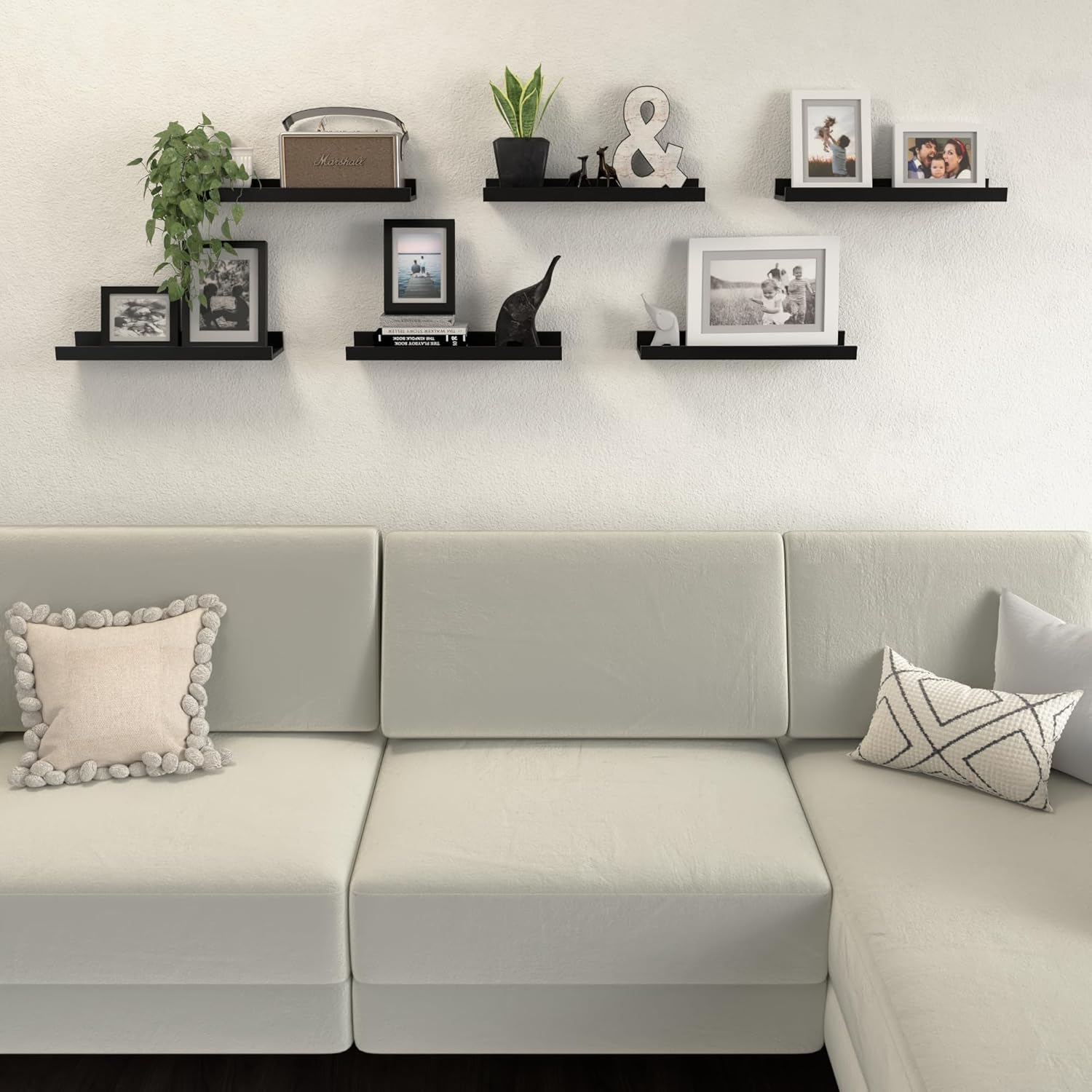 DOLLFIO Juego de 6 estantes flotantes, estantes de pared negros con labio, estantes de exhibición para decoración de pared, repisa de imagen moderna