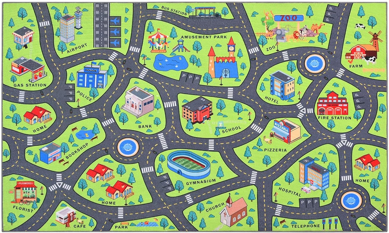 Alfombra de juego para niños de 4 x 6 pies, alfombra educativa para niños para autos de juguete, alfombra antideslizante para sala de juegos para