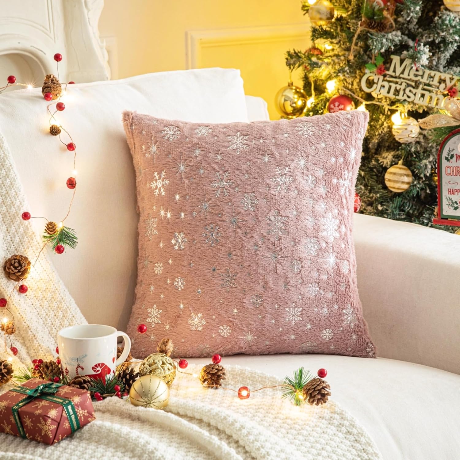 AQOTHES Fundas de almohada decorativas de piel sintética suave con purpurina de copo de nieve para decoración de Navidad, hogar, cama, habitación,