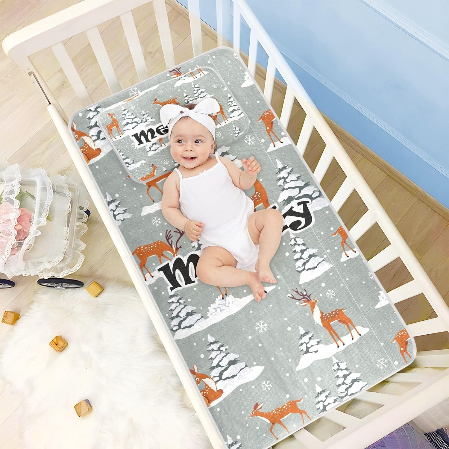 Custom Christmas Cartoon Deers Crib Mattress Protector Pad for Boys Girls Baby Ice Silk Mat Bed Crib Toddler Mattress Protector Cooling Mattress