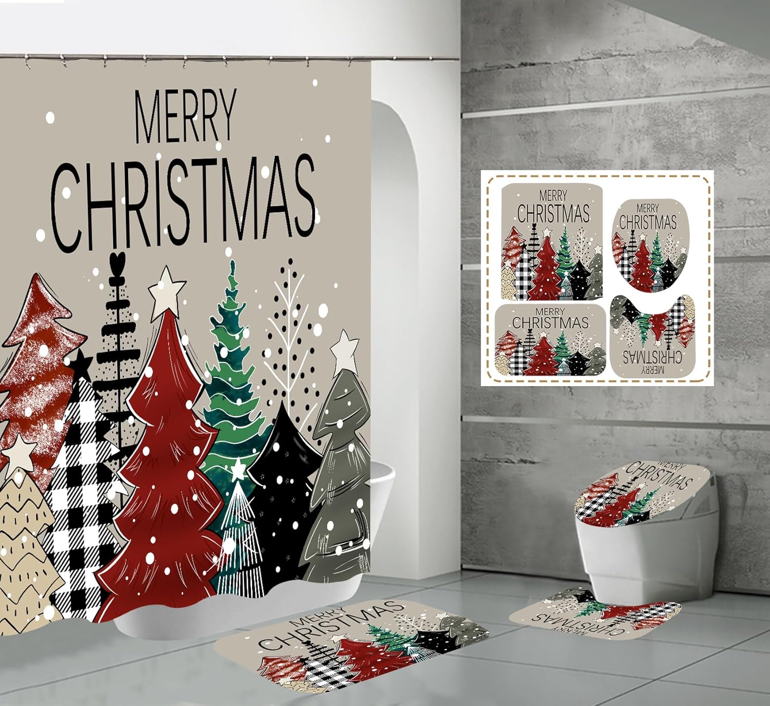 Juego de cortinas de ducha de Navidad con alfombras, cortinas de ducha impermeables de tela navideña para baño con cortina de ducha, juegos de