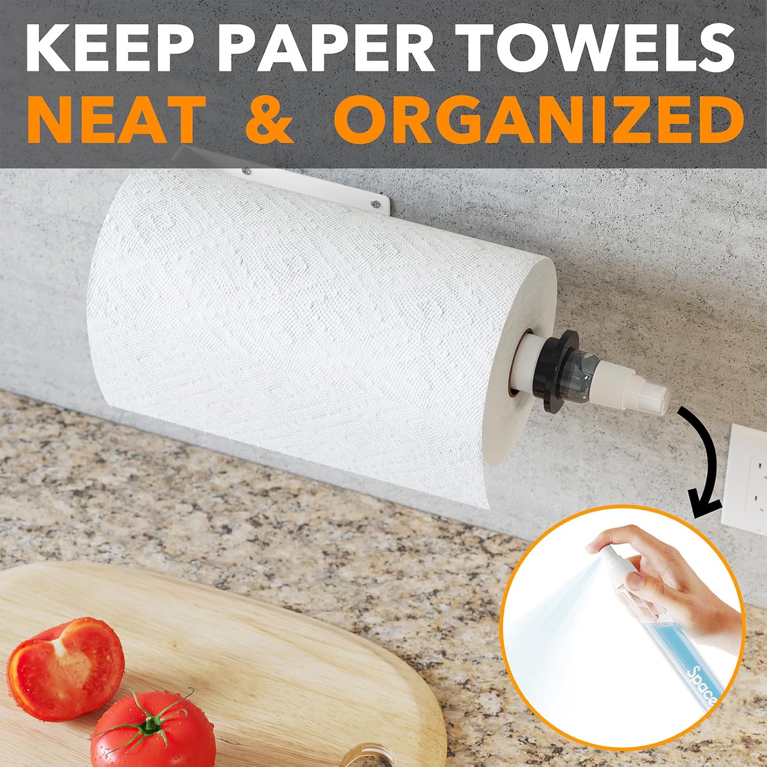 SpaceAid SprayNeat – Soporte para toallas de papel con botella de spray, soporte para toallas de papel debajo del gabinete con rociador en el centro
