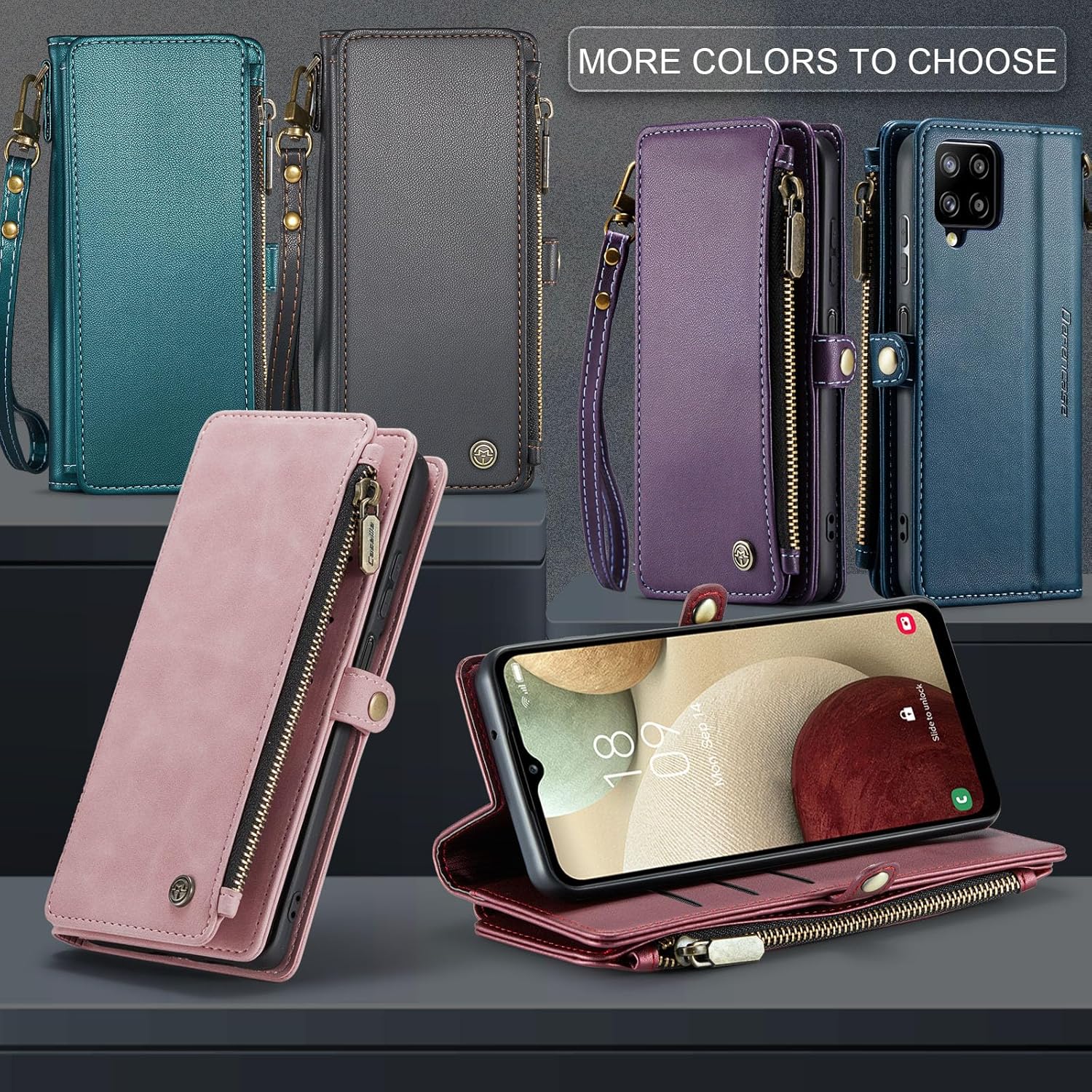 Defencase Funda para teléfono Samsung Galaxy A12, bloqueo RFID para Galaxy A12, cartera para mujeres y hombres, correa magnética de piel sintética,