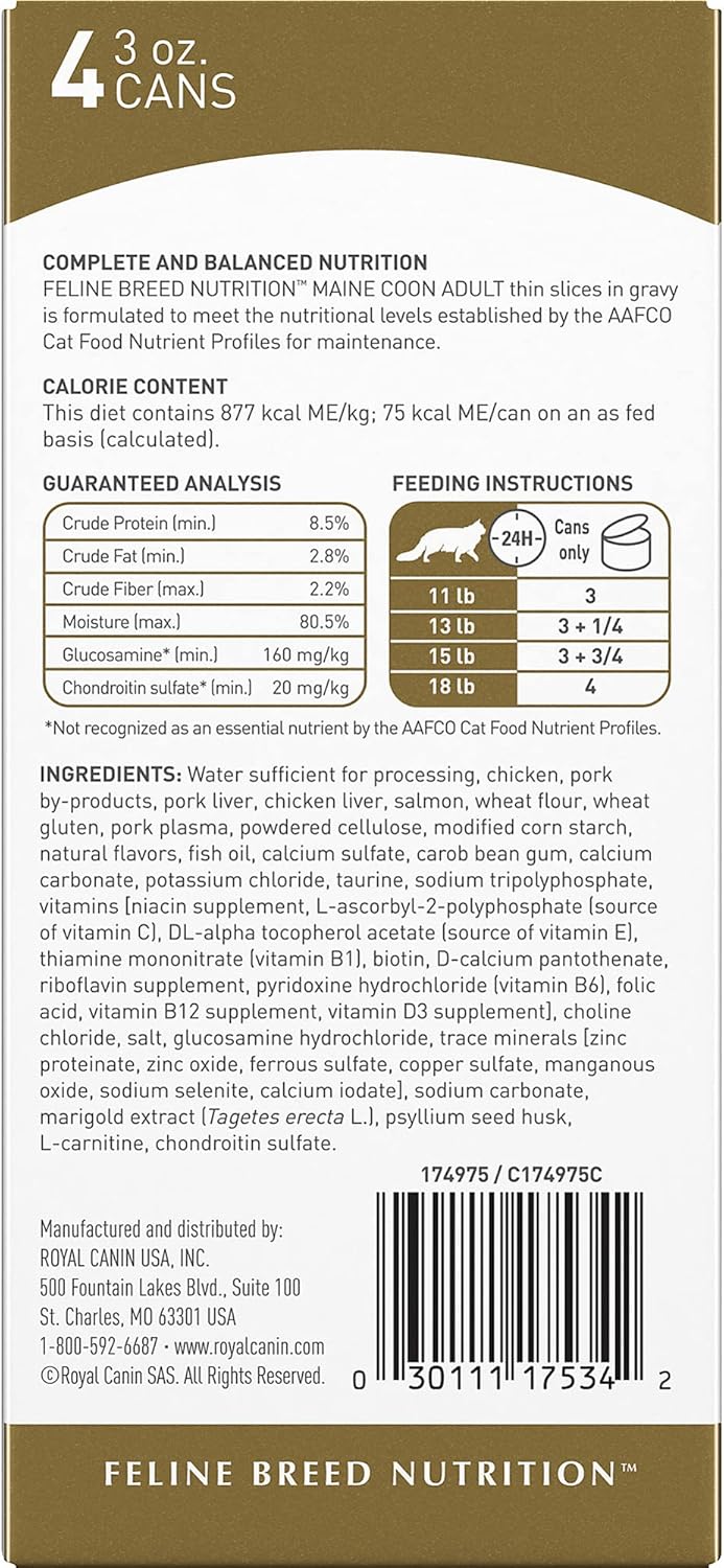 Royal Canin Maine Coon Breed – Alimento húmedo para gatos adultos, rodajas finas en salsa, 3 onzas (paquete de 4)