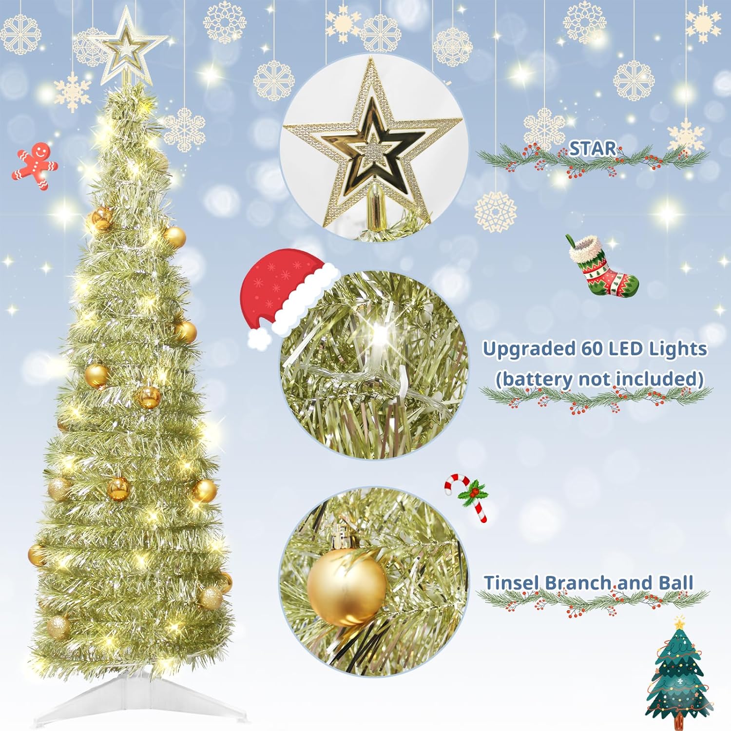 Árbol de Navidad desplegable de 4 pies para decoración de interiores, mini árbol de Navidad preiluminado con 60 luces, árbol de Navidad artificial