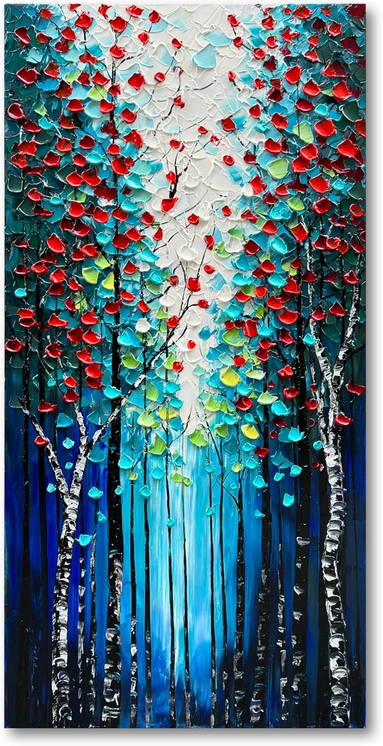 Diathou Paisaje forestal pintado a mano, pintura al óleo, azul oscuro, lienzo vertical, grande, arte de pared, 46 x 23 pulgadas, pintura al óleo,
