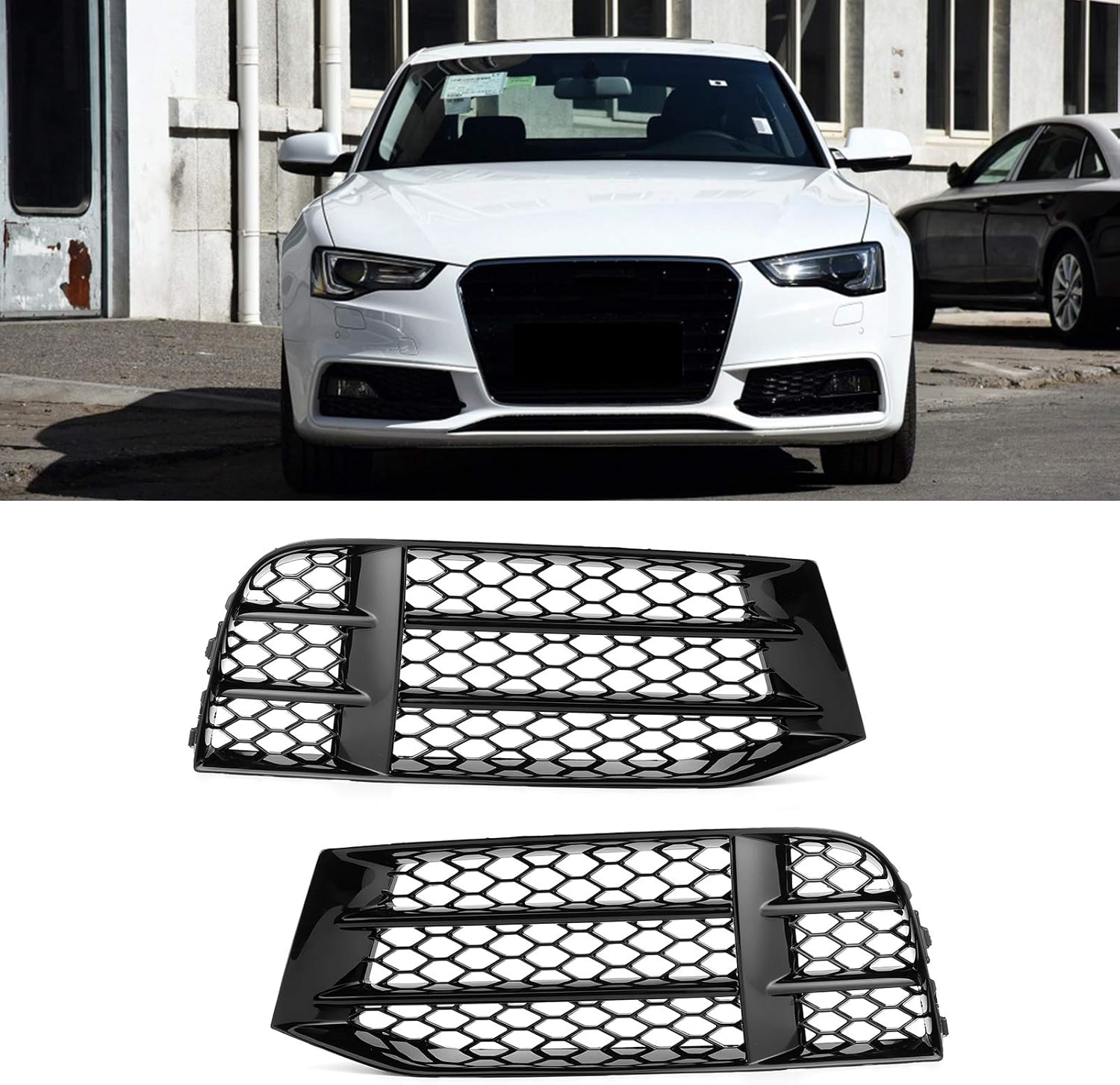 Qiilu Parachoques para parrilla de luz antiniebla, par de rejilla de luz antiniebla de malla negra brillante para RS5 B8.5 20132016