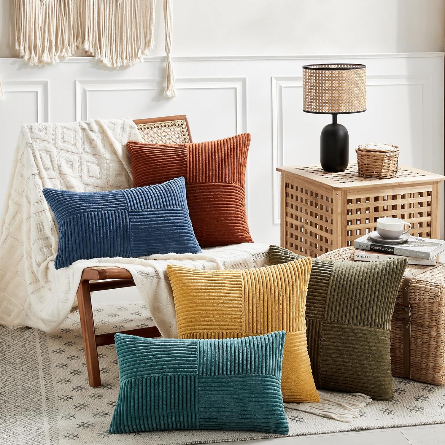 Fancy Homi – 2 fundas decorativas para cojín lumbar y rectangular de pana suave y texturizada a rayas, decoración rústica y bohemia de casa de