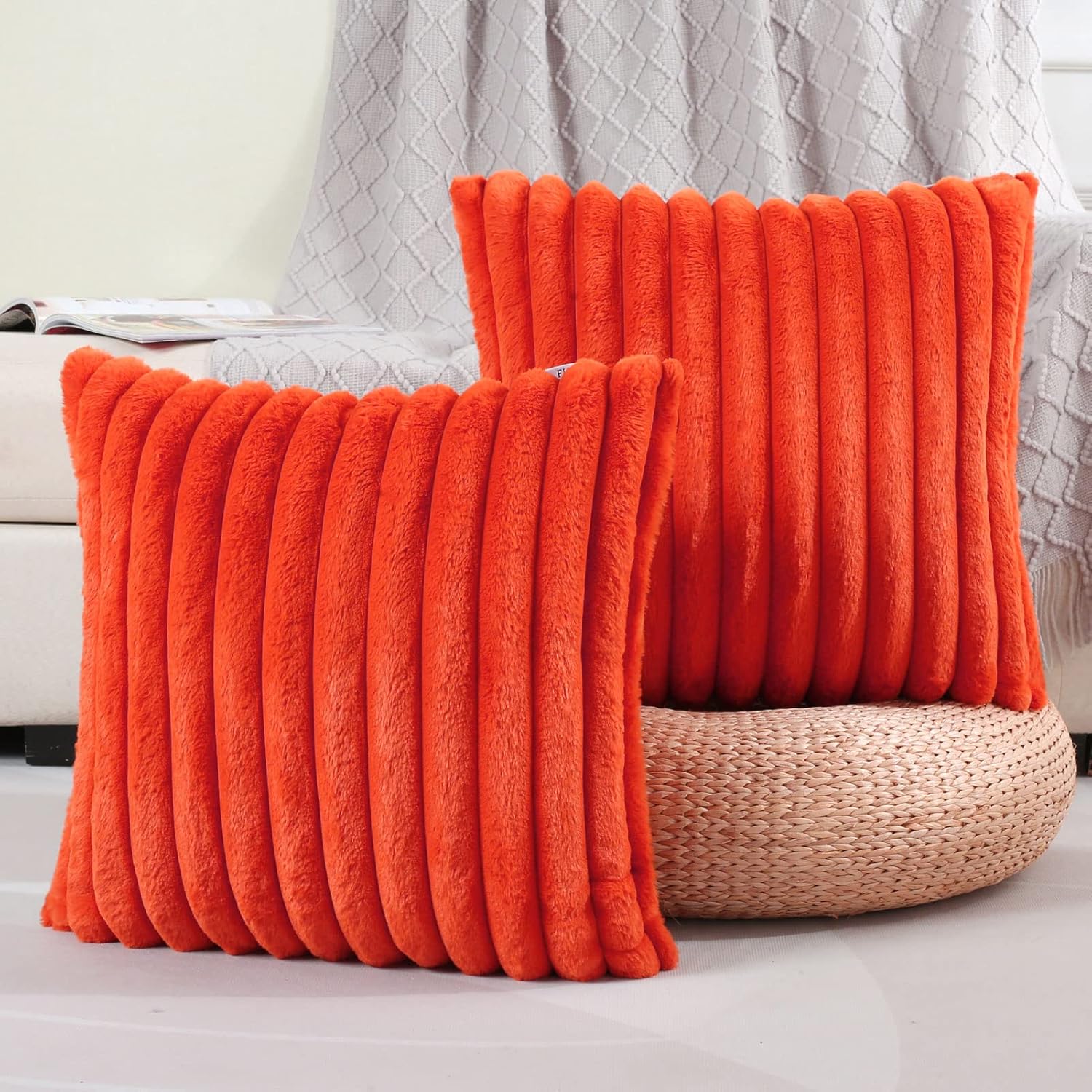 FUTEI – Juego de 2 fundas de almohada decorativas con rayas de color naranja quemado, 26 x 26 pulgadas, cuadradas y primaverales, piel sintética de