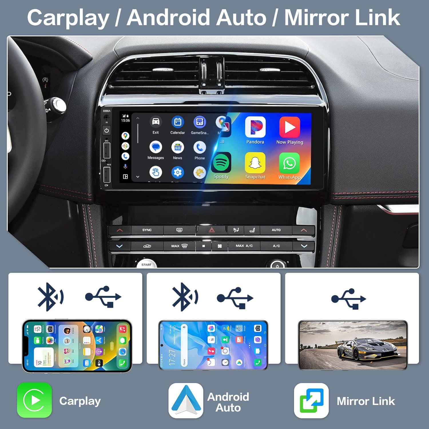 2+64G Android 13 Car Stereo Single DIN Radio inalámbrica Apple Carplay con cable Android Auto, pantalla táctil HD de 6.9 pulgadas estéreo para coche